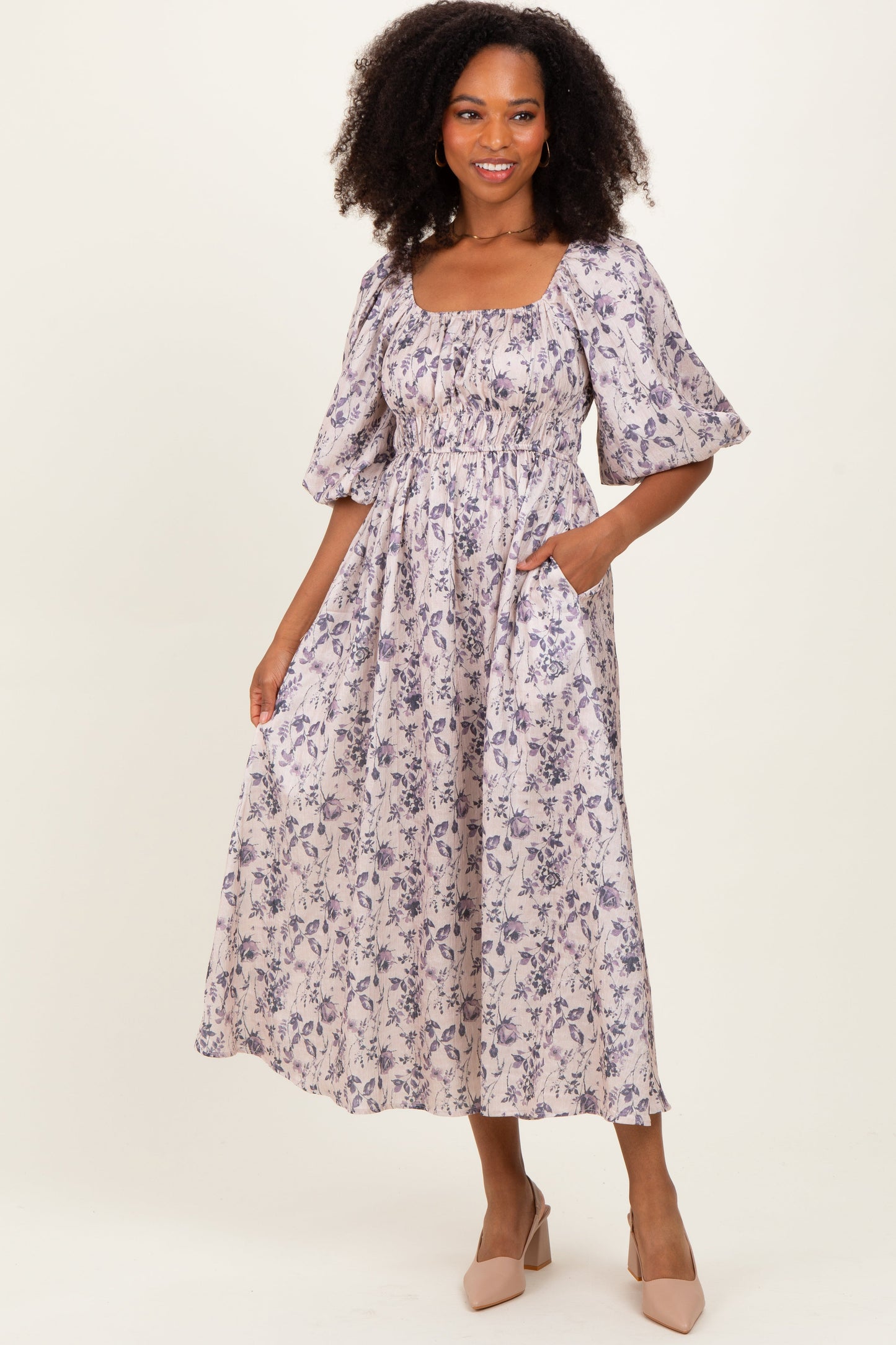 Cream Floral Puff Sleeve Smocked Waist Maternity Midi Dress
