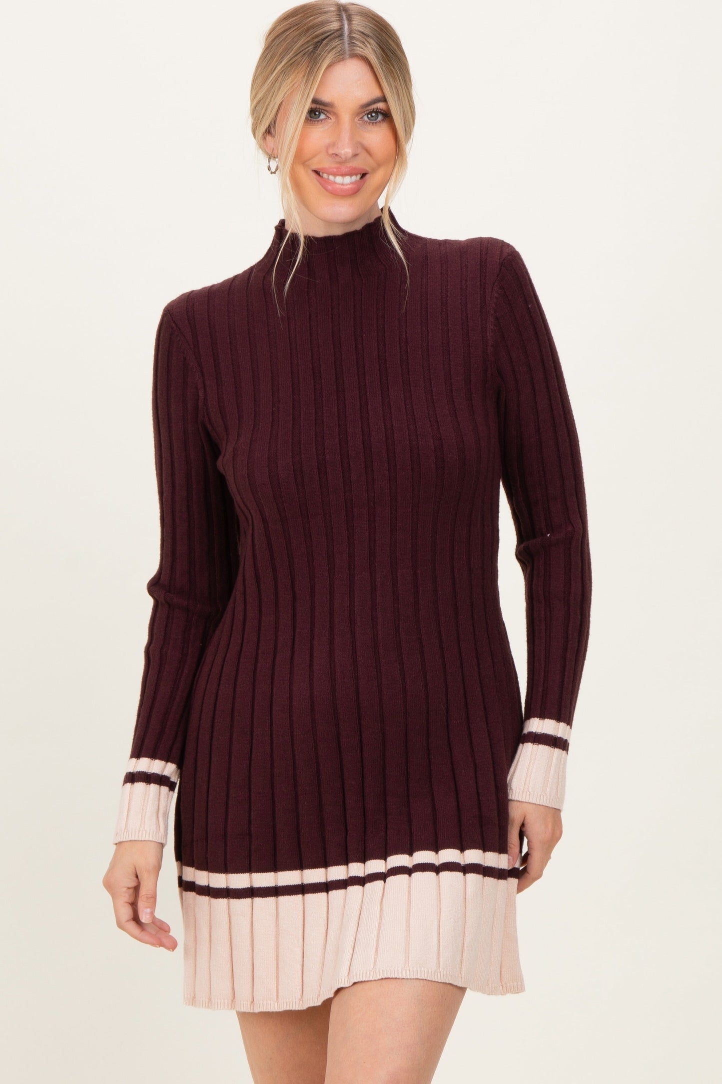 Burgundy Ribbed Contrast Hem Maternity Sweater Dress