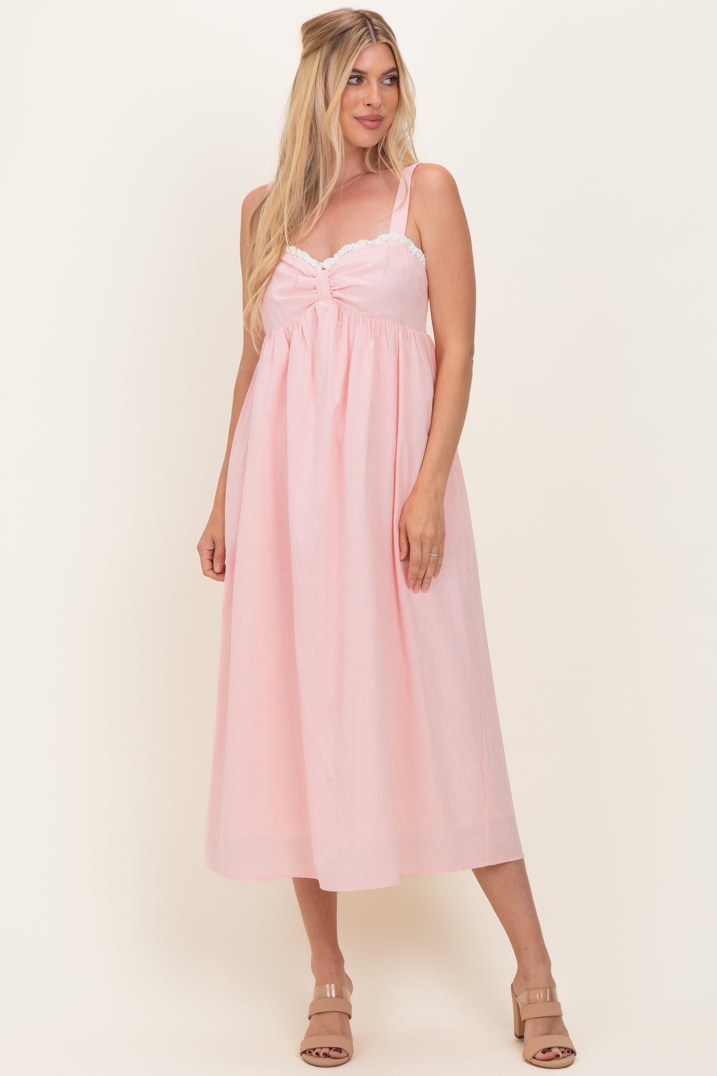 Peach Ruffle Trim Sweetheart Neckline Maternity Midi Dress