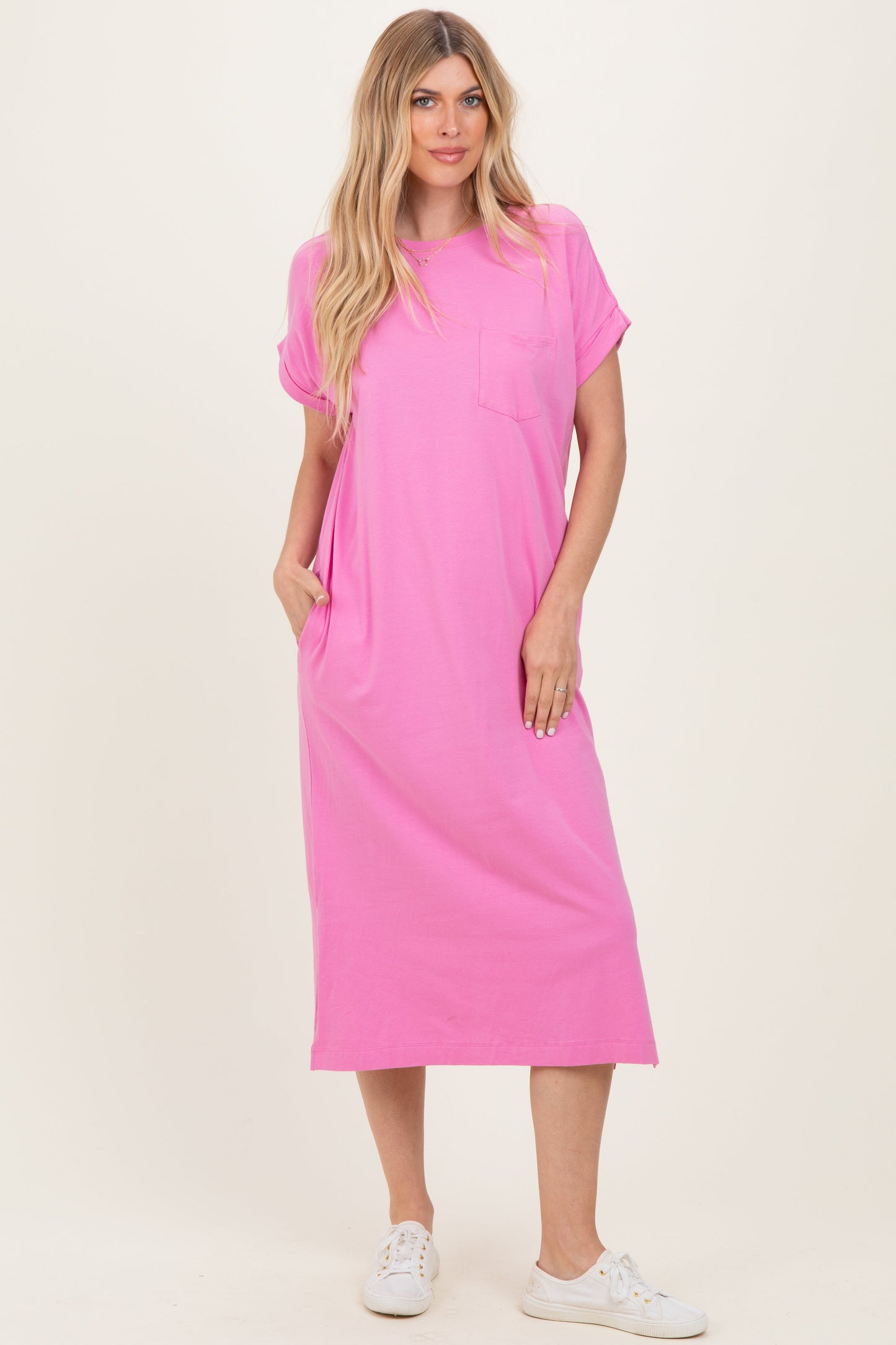 Pink Pocket Front Maternity Midi T-Shirt Dress