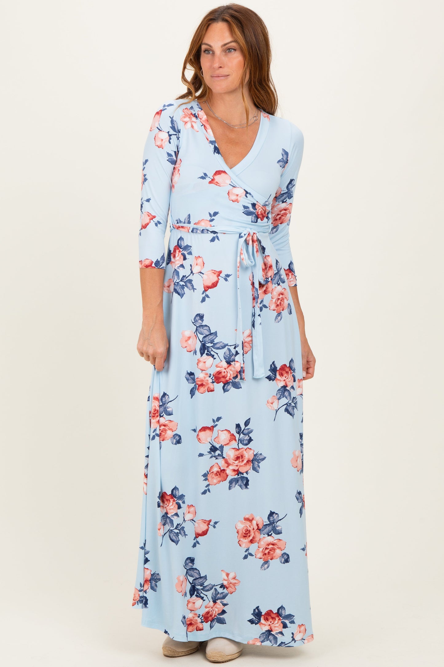 Sky Blue Floral Maternity Wrap Maxi Dress