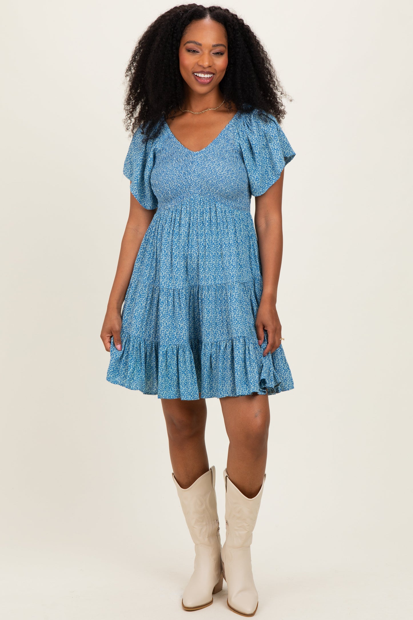 Blue V Neck Smocked Bust Short Sleeve Short Maternity Dress