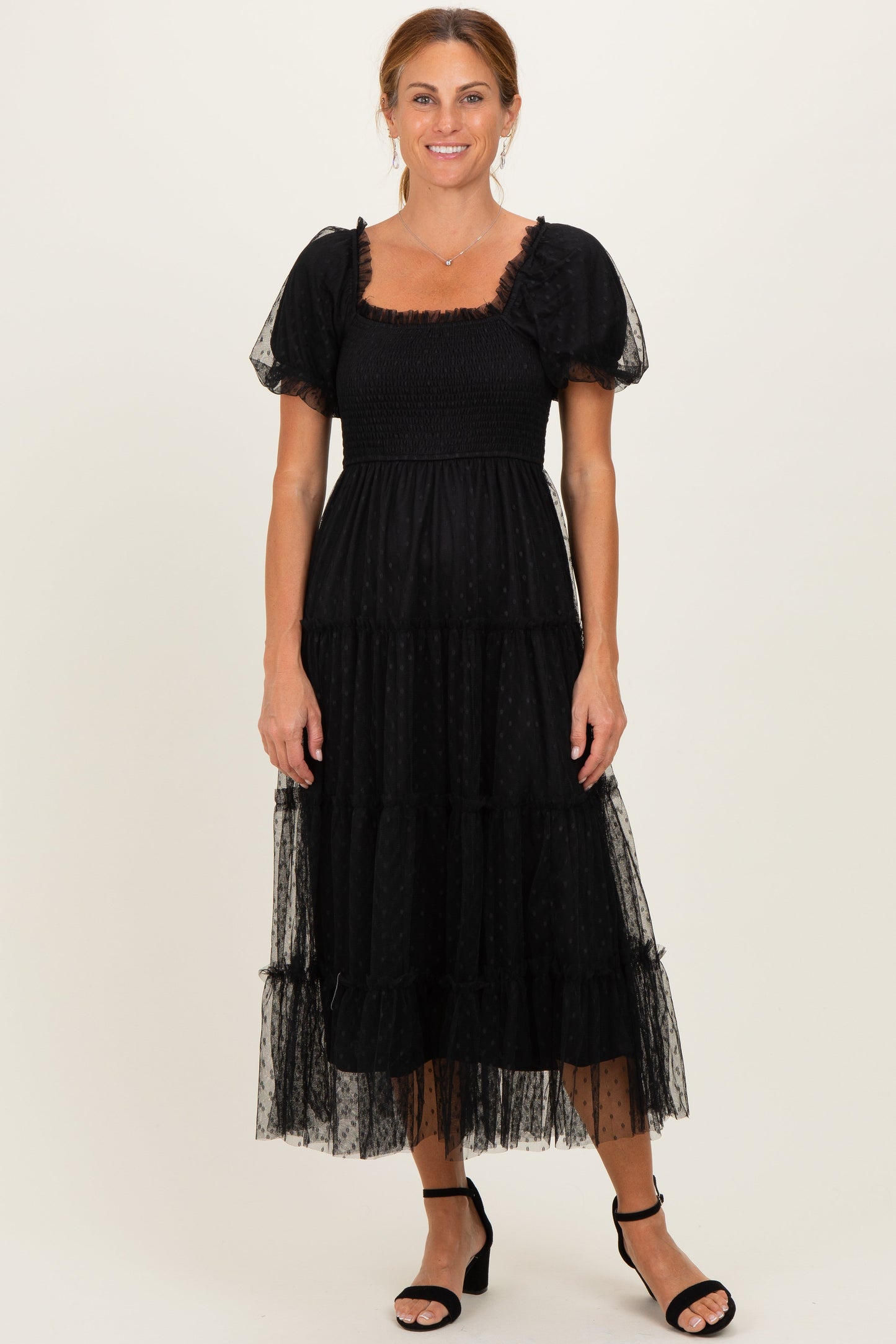 Black Tulle Puff Sleeve Smocked Maternity Midi Dress
