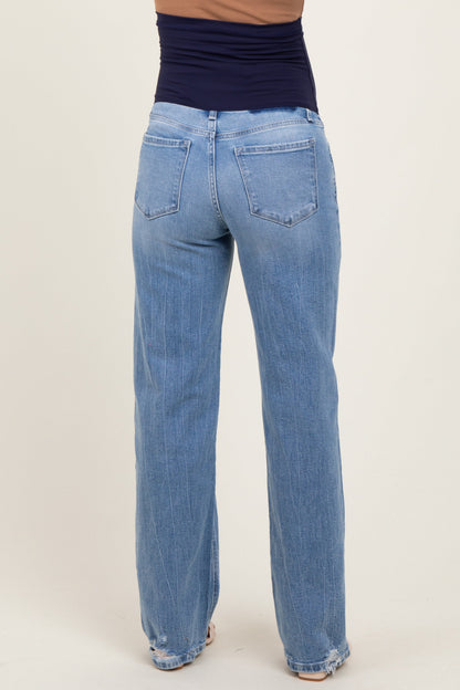 Light Blue Distressed Knee Slim Fit Wide Leg Maternity Jeans
