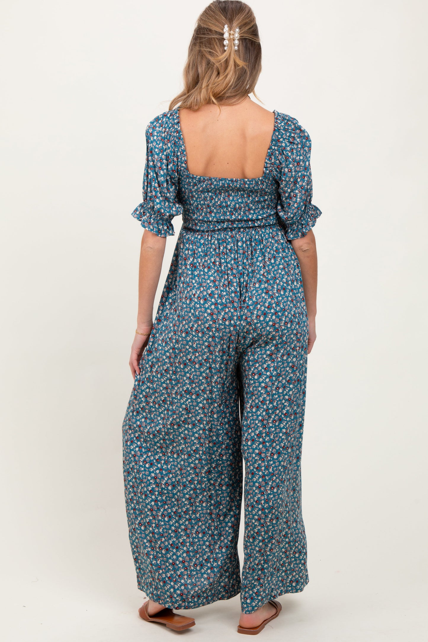 Teal Floral Smocked Puff Sleeve Maternity Jumpsuit