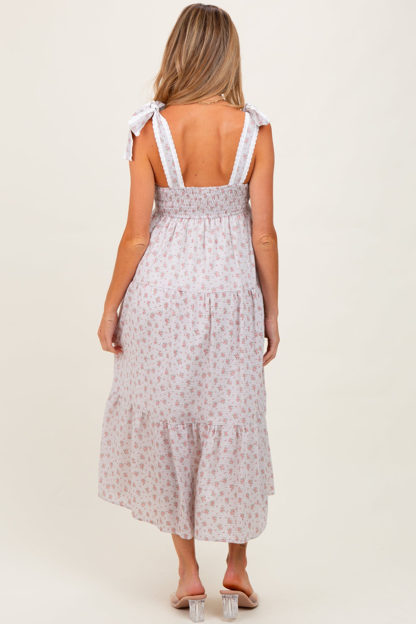 Light Taupe Floral Gingham Shoulder Tie Maternity Midi Dress