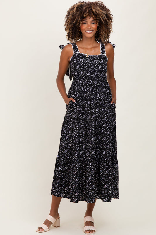 Black Floral Lace Trim Shoulder Tie Maternity Maxi Dress
