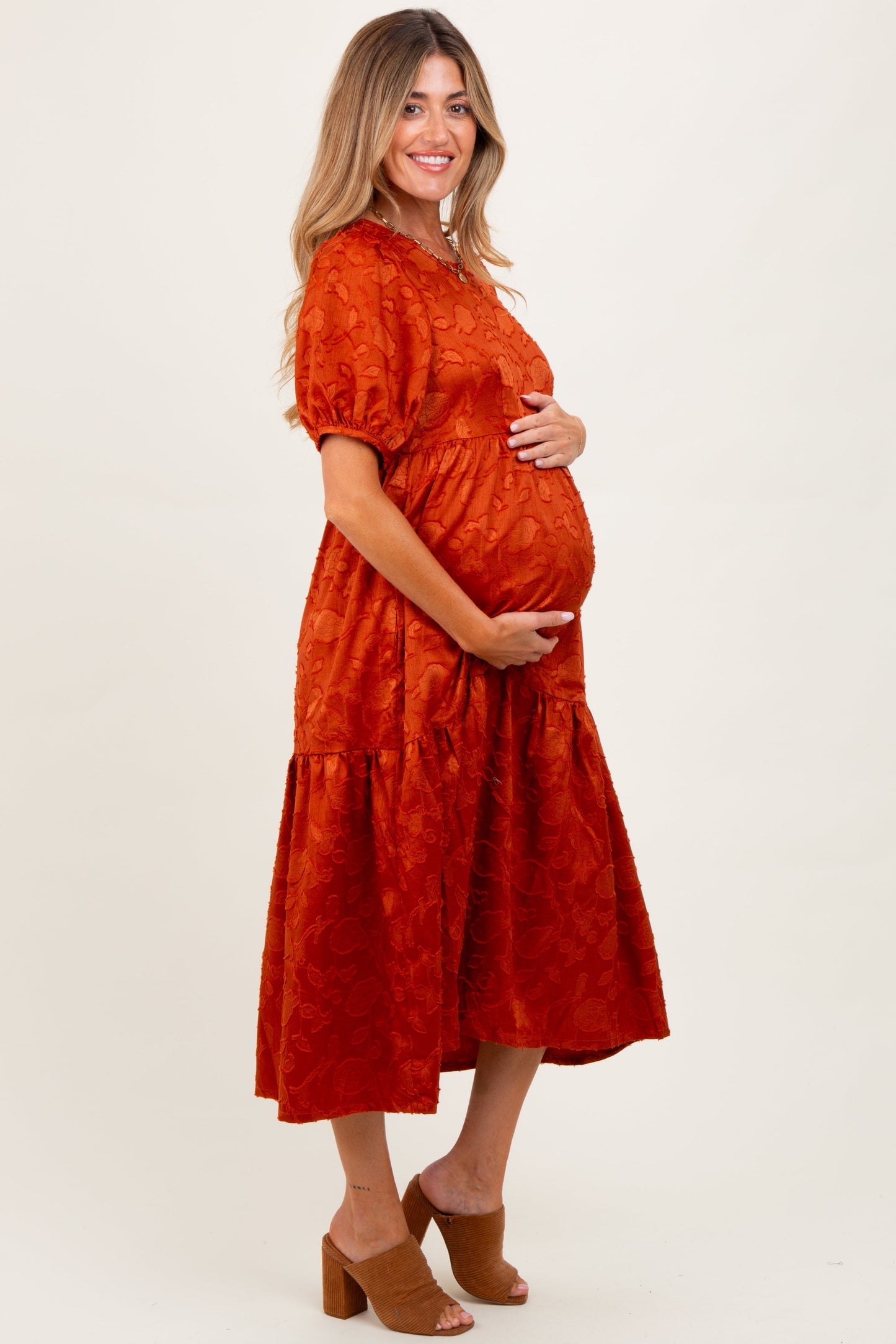 Rust Floral Jacquard Tie Detail Maternity Midi Dress