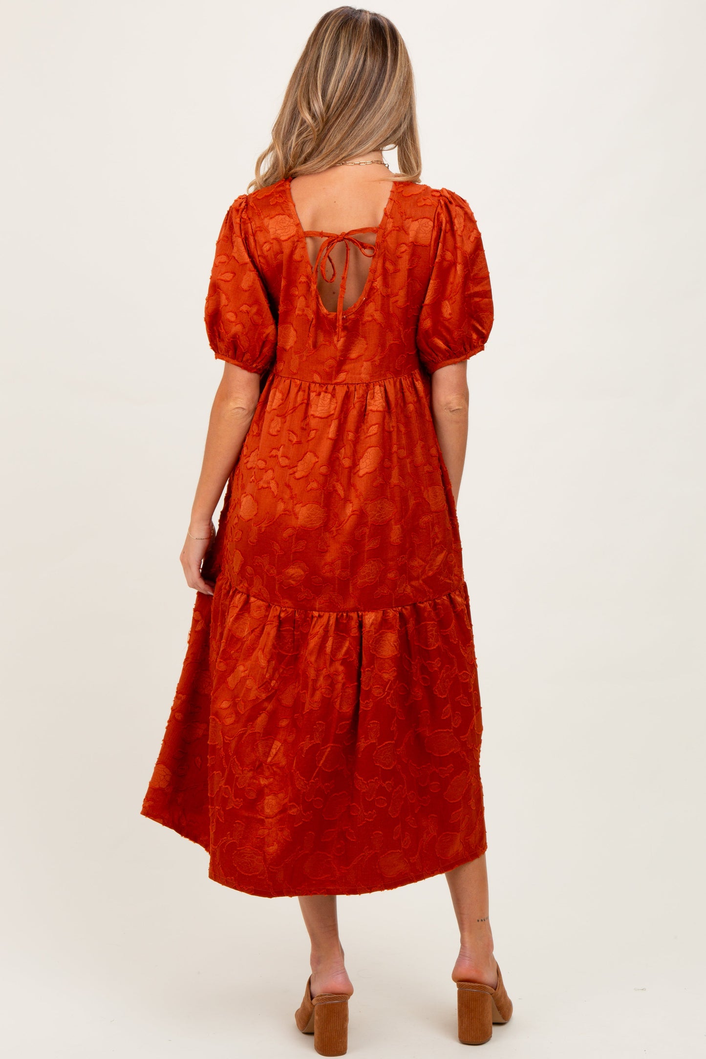 Rust Floral Jacquard Tie Detail Maternity Midi Dress