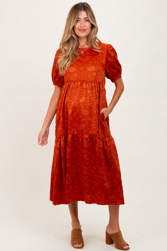 Rust Floral Jacquard Tie Detail Maternity Midi Dress