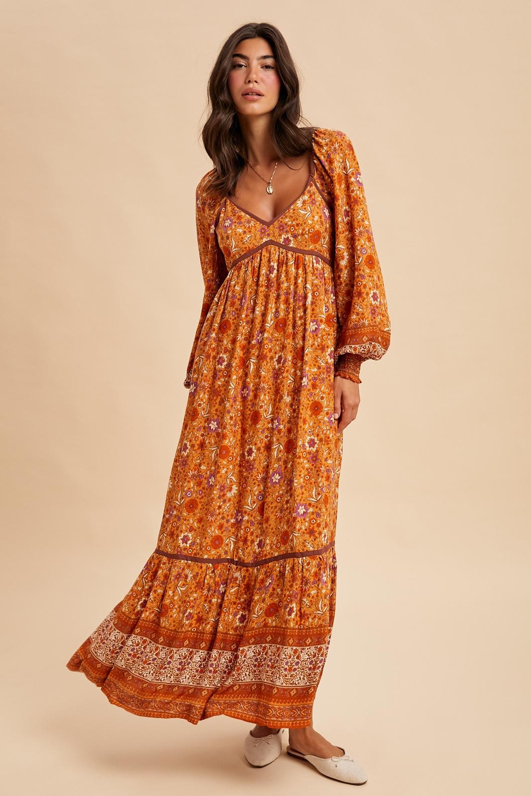 Orange Floral Border Print Long Sleeve Maternity Maxi Dress