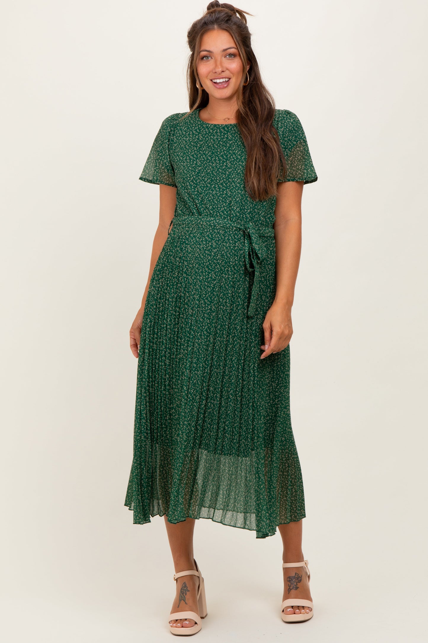 Forest Green Leaf Print Pleated Maternity Midi Dress