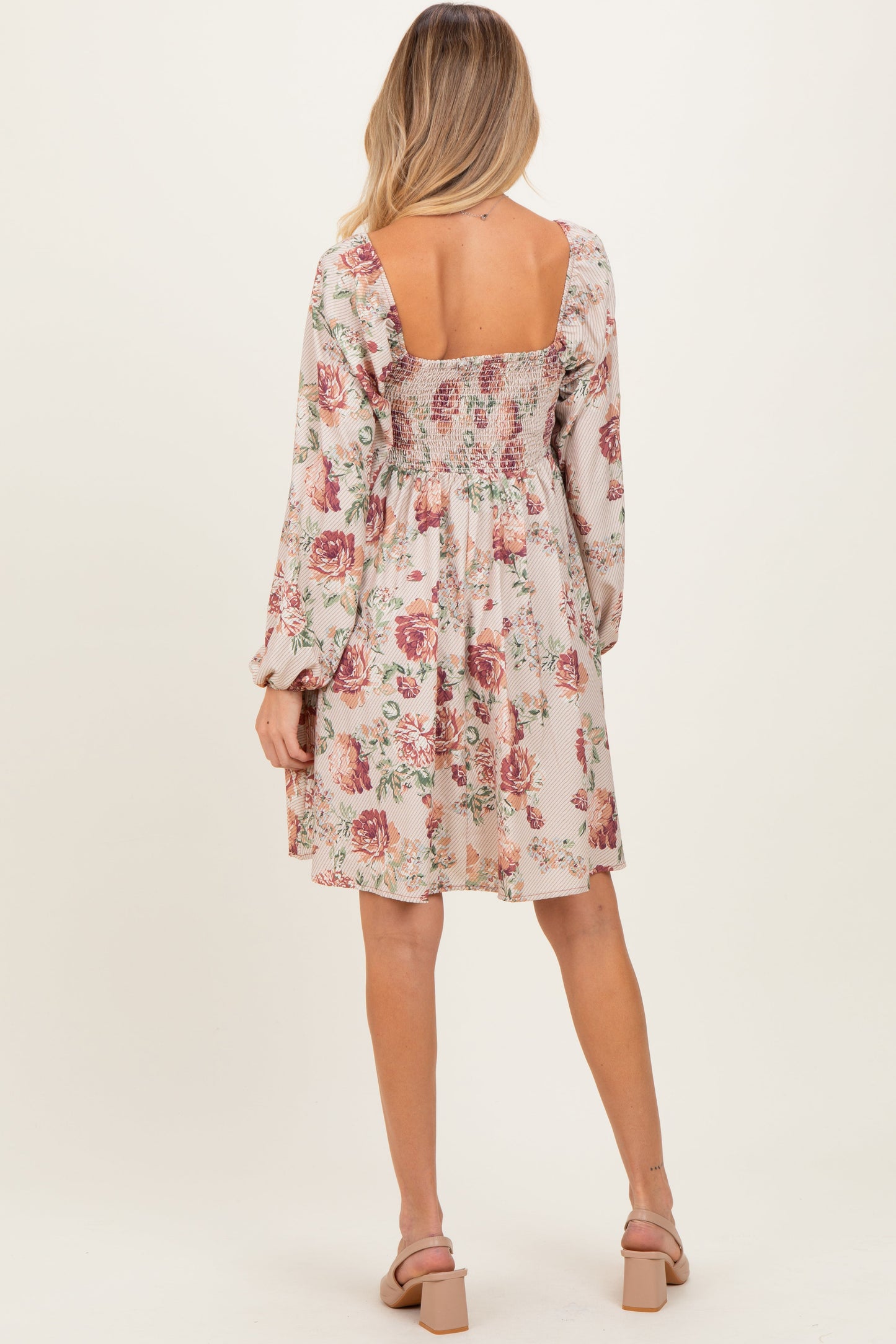 Cream Rose Floral Long Sleeve Maternity Dress