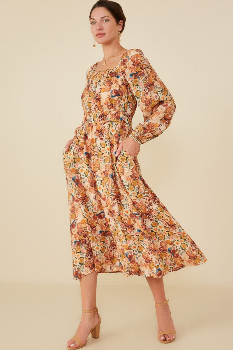 Cream Floral Fruit Smocked Waist Maternity Midi Dress