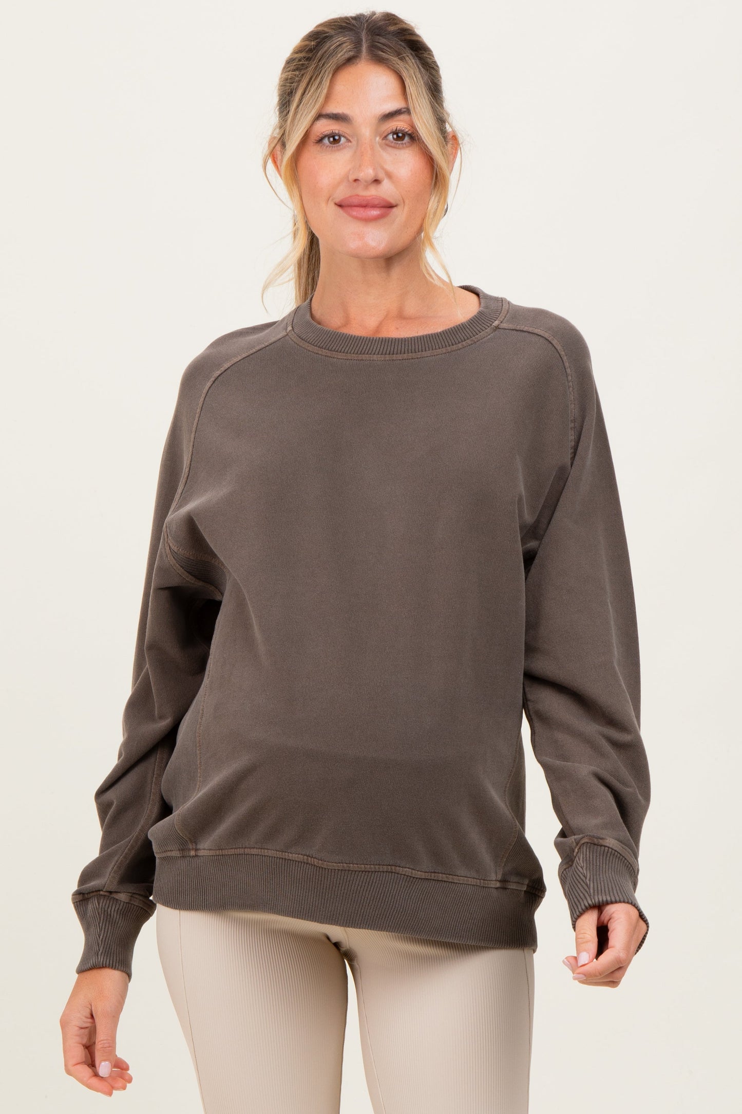 Brown French Terry Vintage Wash Maternity Pullover