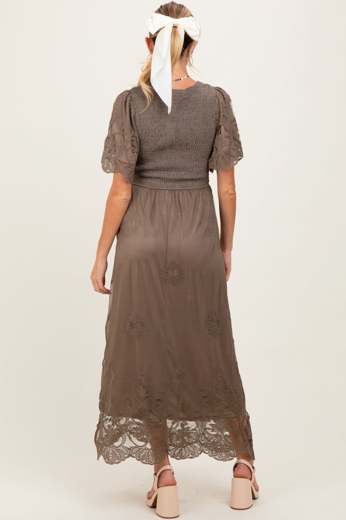 Olive Smocked Lace Detail Maternity Midi Dress