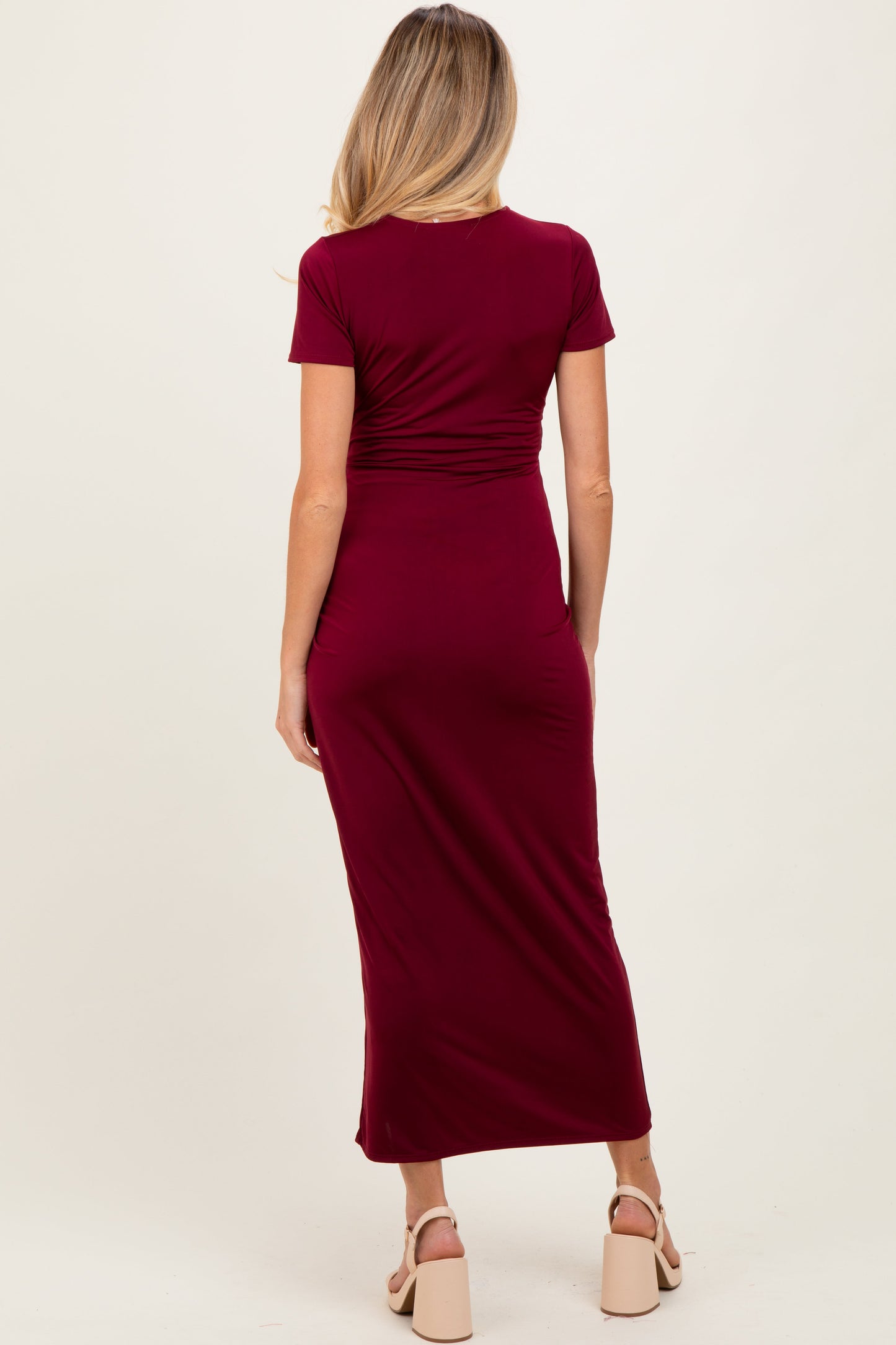 Burgundy Gathered Front Short Sleeve Maternity Maxi Dress
