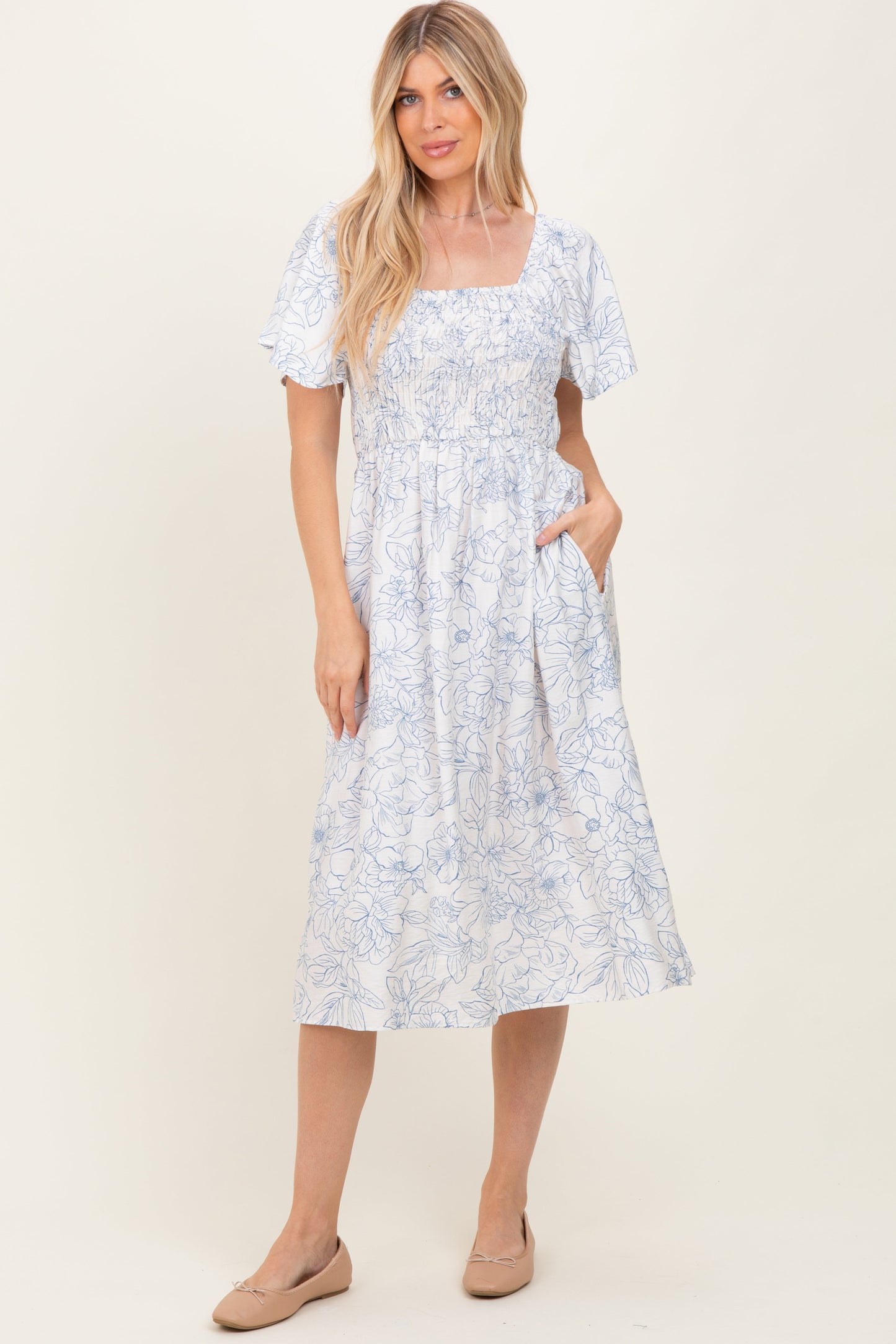 Off White Blue Floral Maternity Dress With Pockets