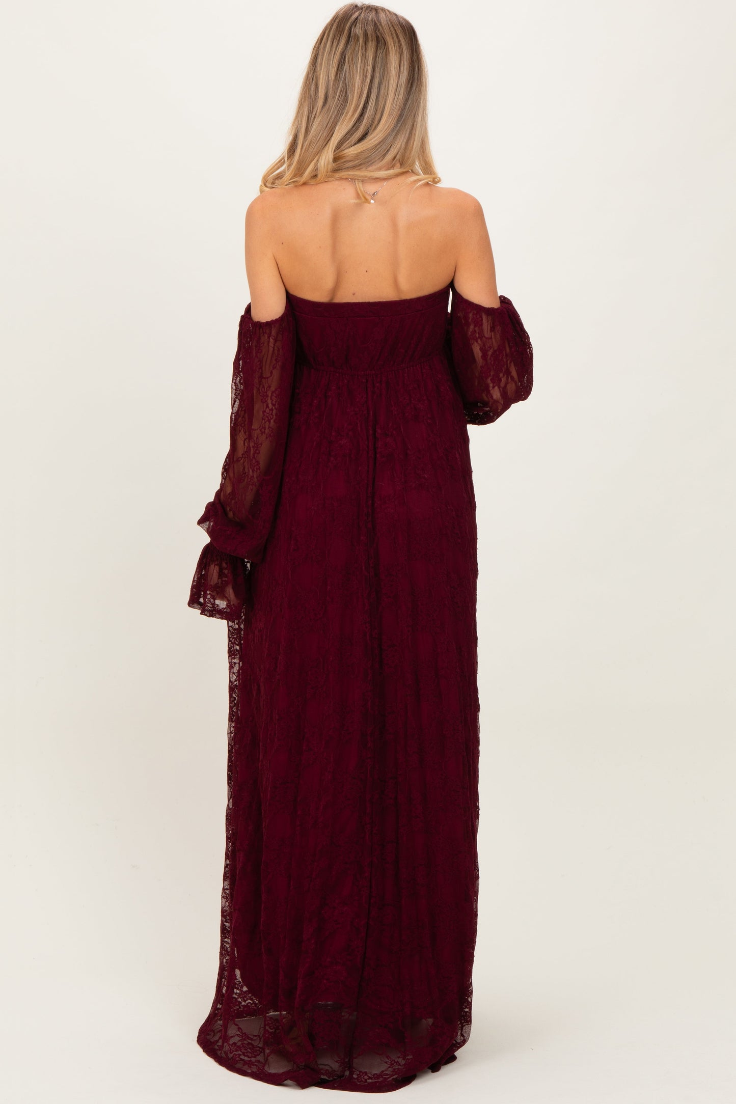 Burgundy Lace Smocked Long Sleeve Off Shoulder Maternity Maxi Dress