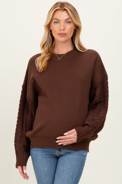 Brown Cable Knit Sleeve Round Neck Sweater