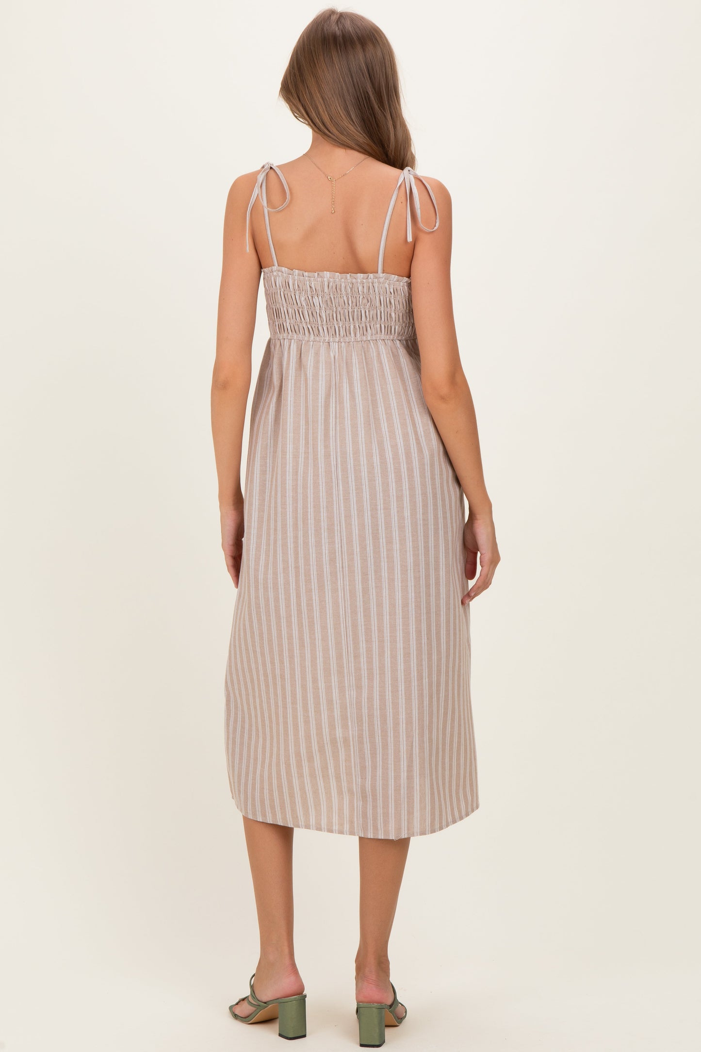 Mocha Striped Smocked Shoulder Tie Maternity Midi Dress