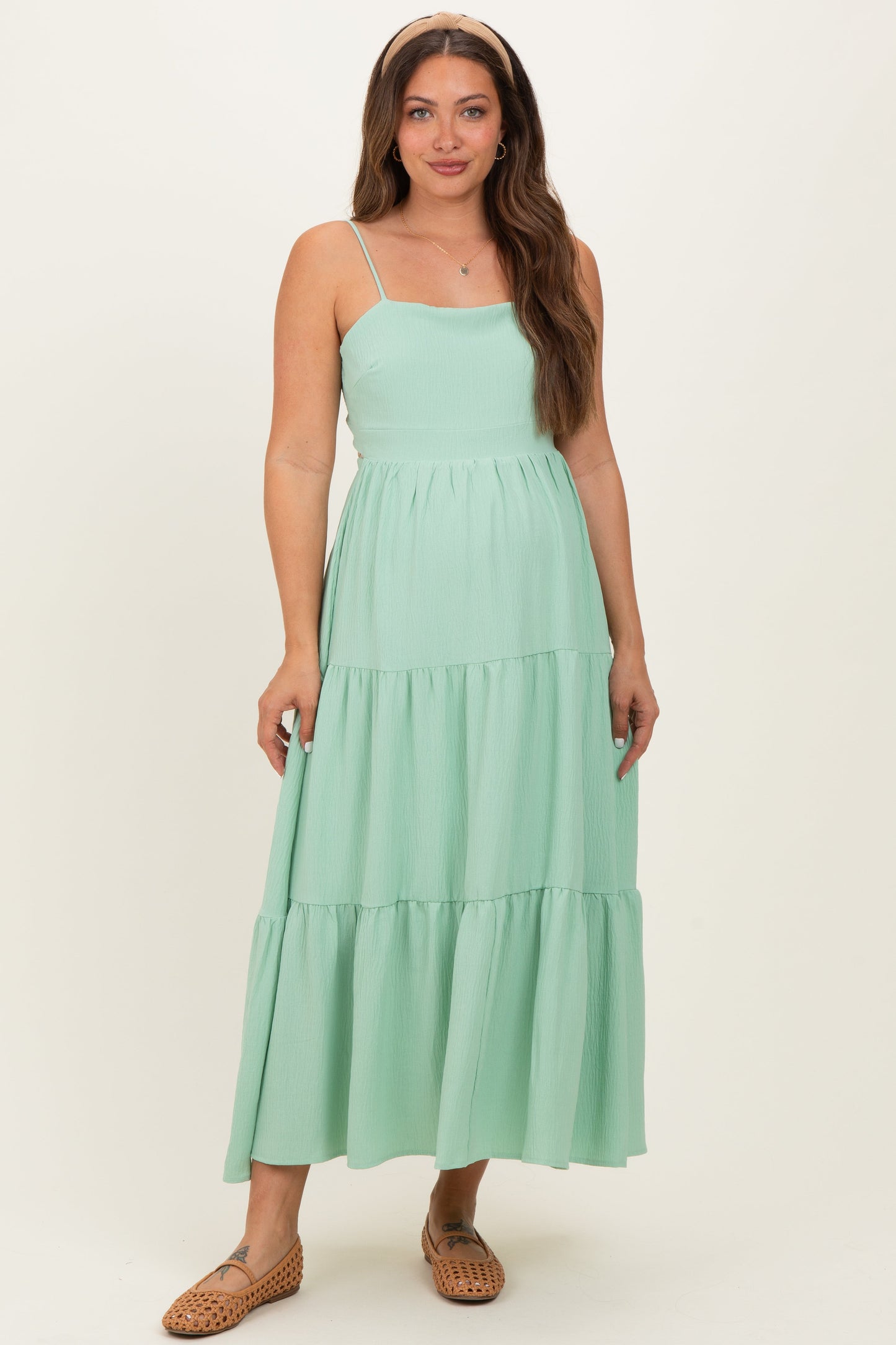 Sage Green Tiered Cutout Tie Back Maternity Midi Dress