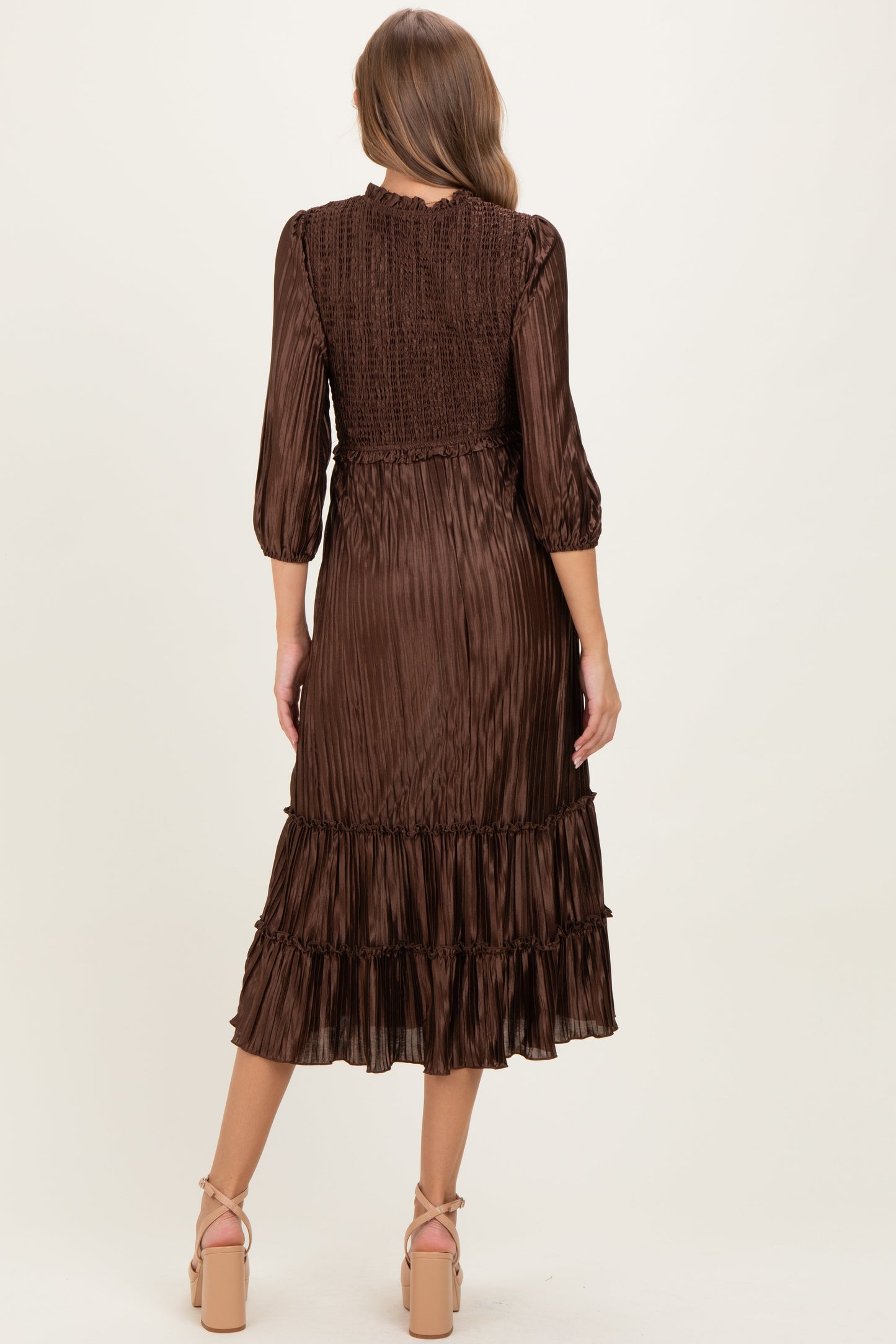 Brown Pleated Satin Smocked Bodice Maternity Midi Dress