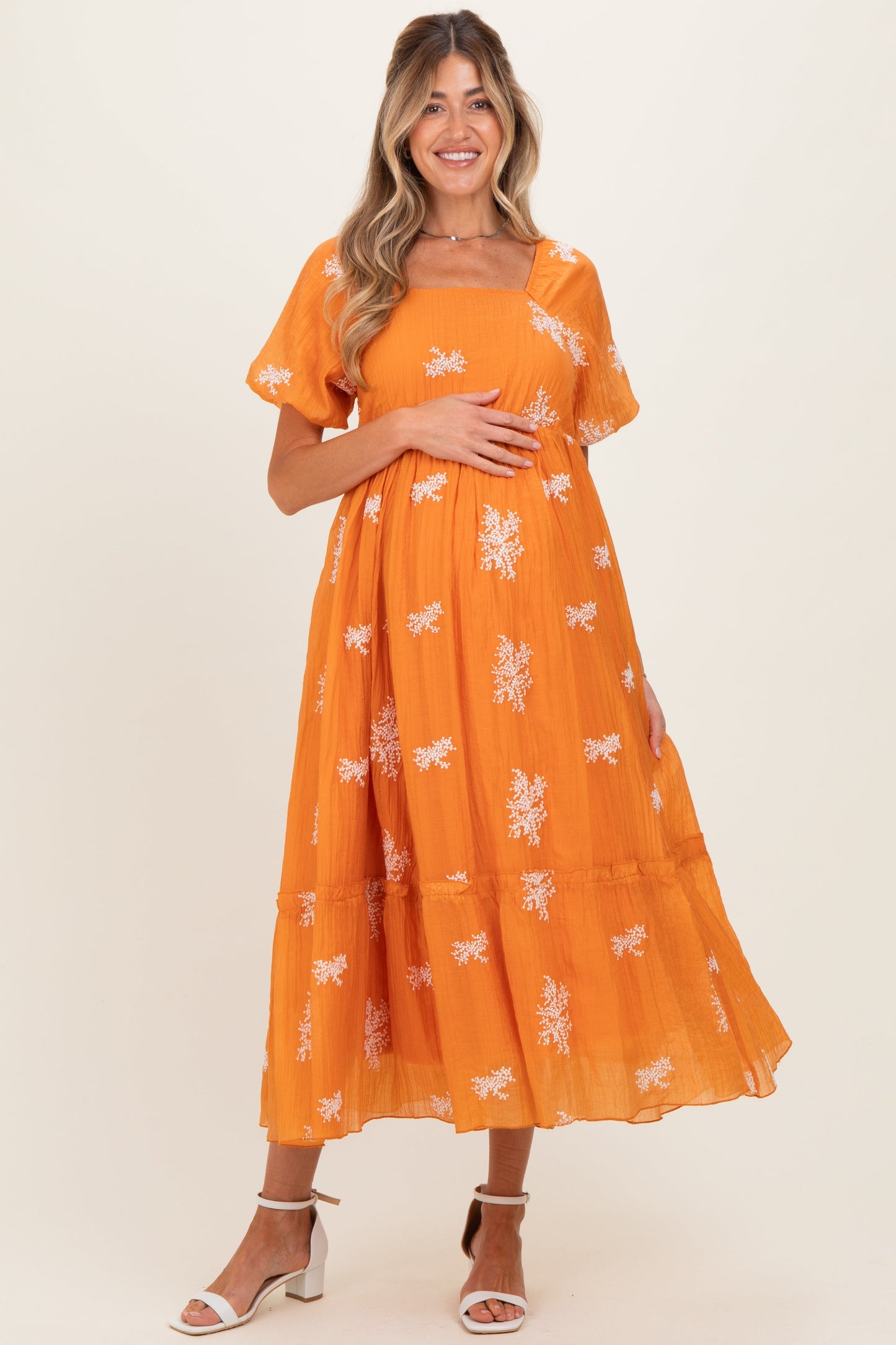Tangerine Floral Print Ruffle Hem Maternity Midi Dress