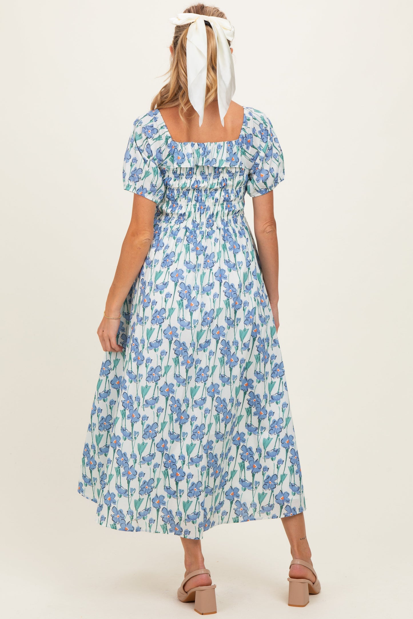 Blue Floral Smocked Ruffle Accent Maternity Midi Dress