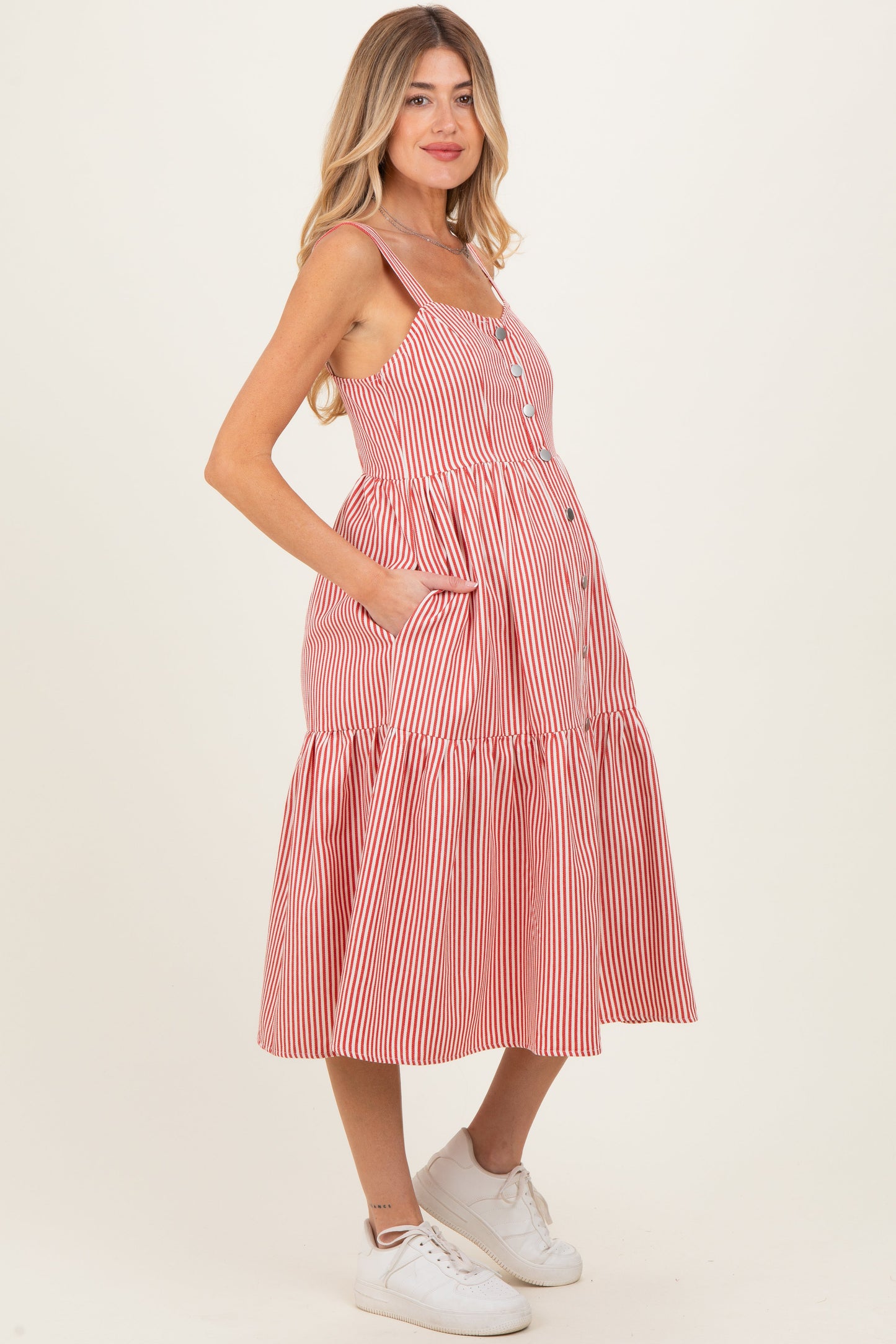 Red Striped Tiered Maternity Overall Dress