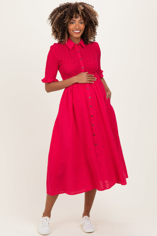 Red Gingham Smocked Button Down Maternity Midi Dress