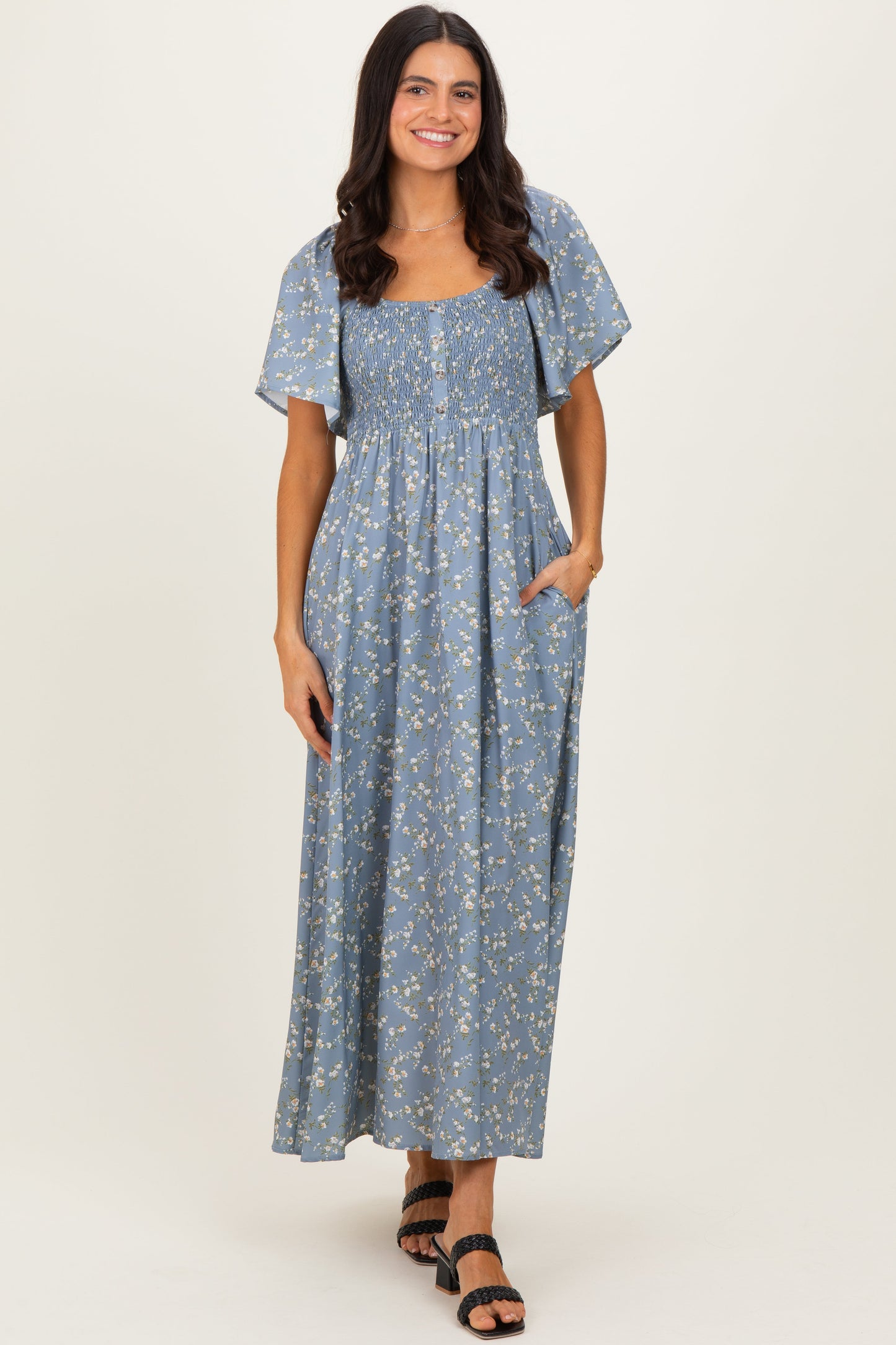 Grey Floral Smocked Flutter Sleeve Maternity Midi Dress