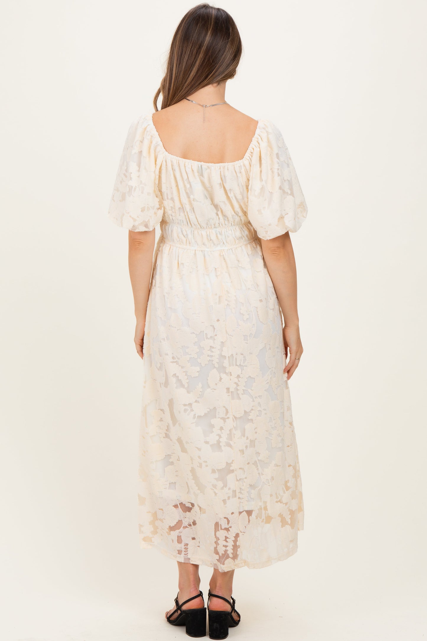 Cream Lace Puff Sleeve Maternity Midi Dress