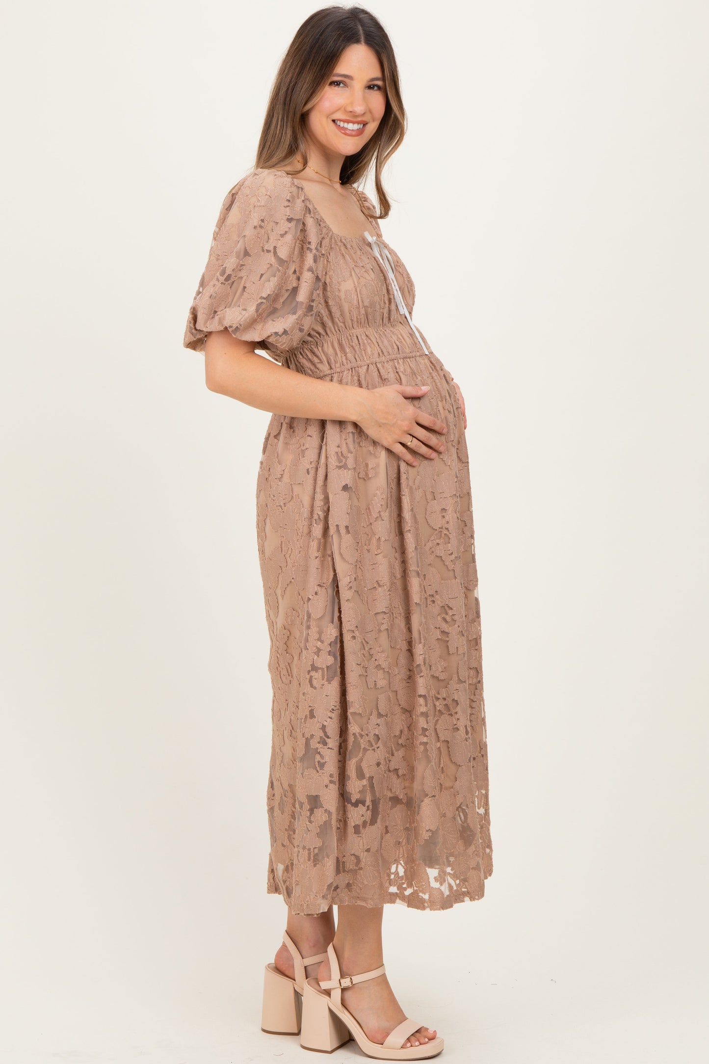 Mocha Lace Puff Sleeve Maternity Midi Dress