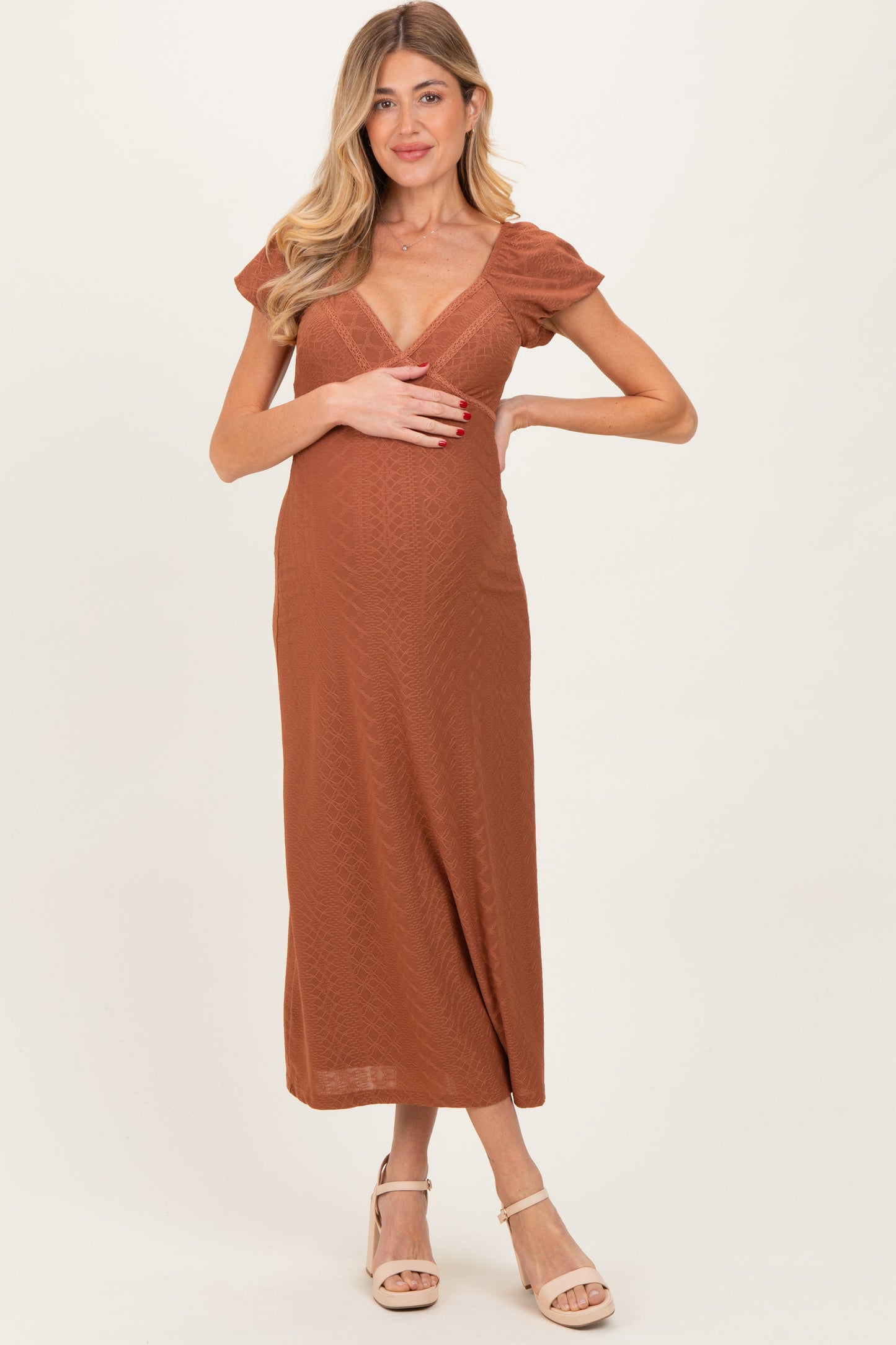 Rust Floral Chiffon Maternity Midi Dress
