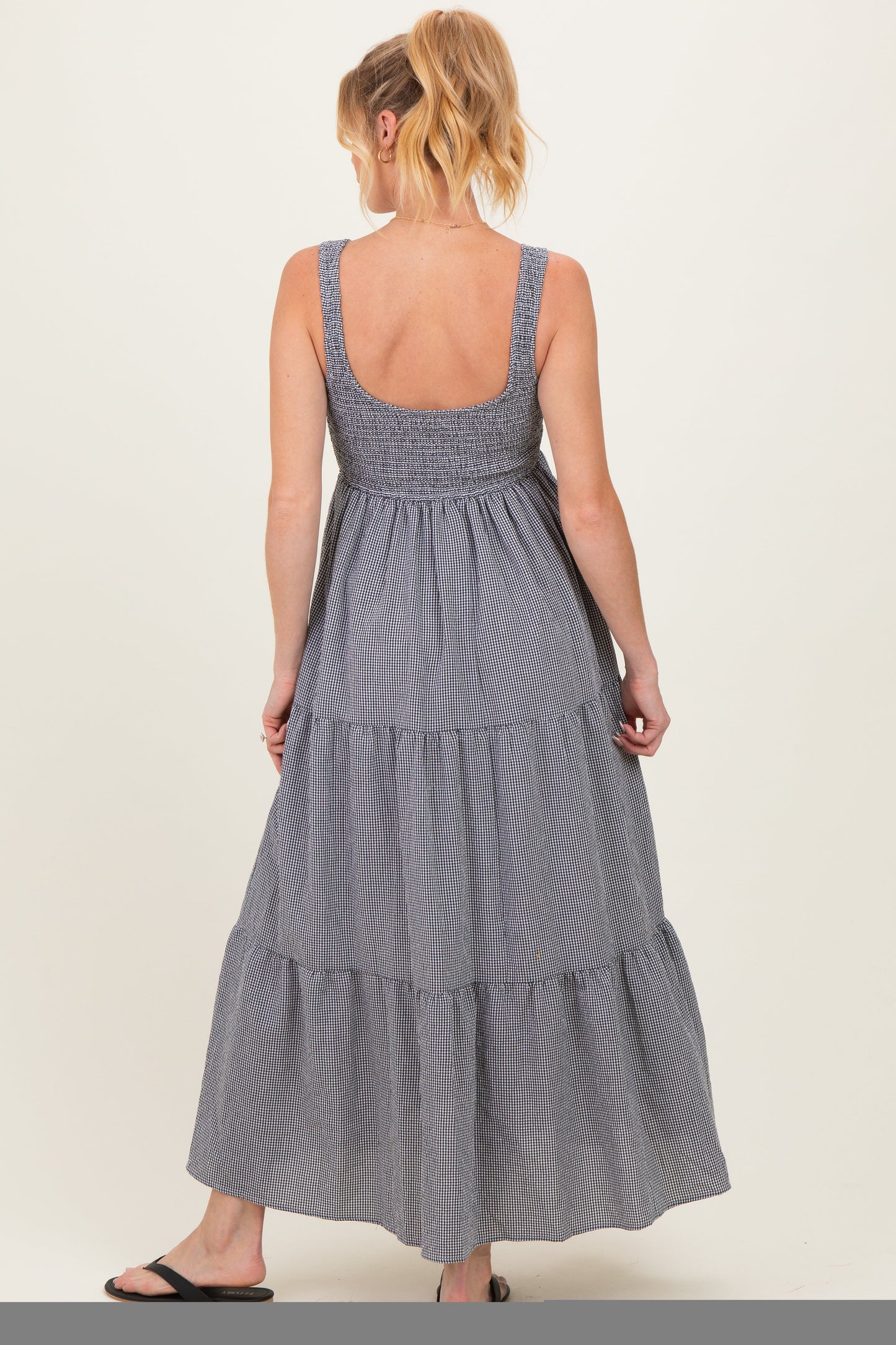 Black Gingham Smocked Bodice Maternity Maxi Dress