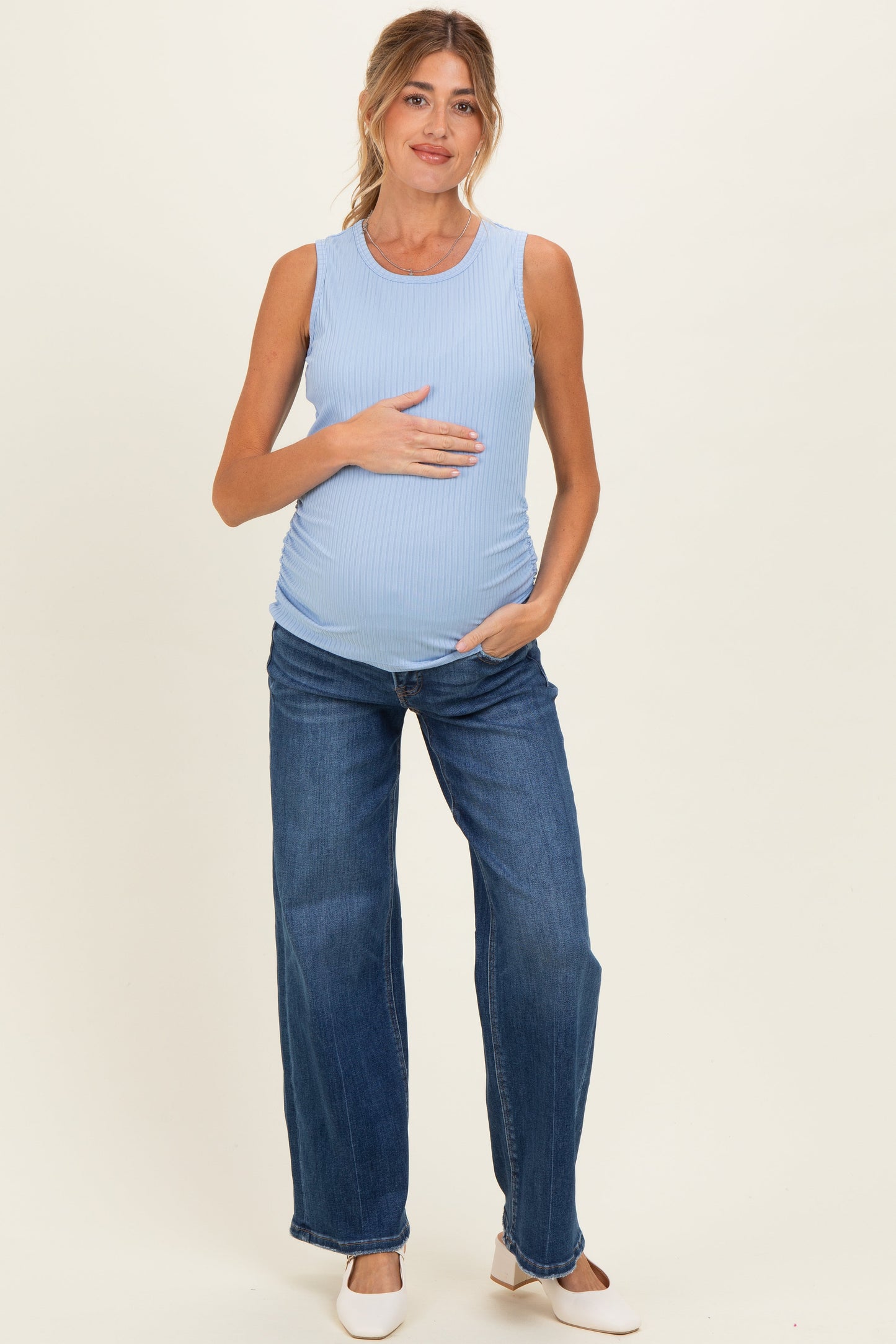 Light Blue Ribbed Sleeveless Ruched Maternity Top