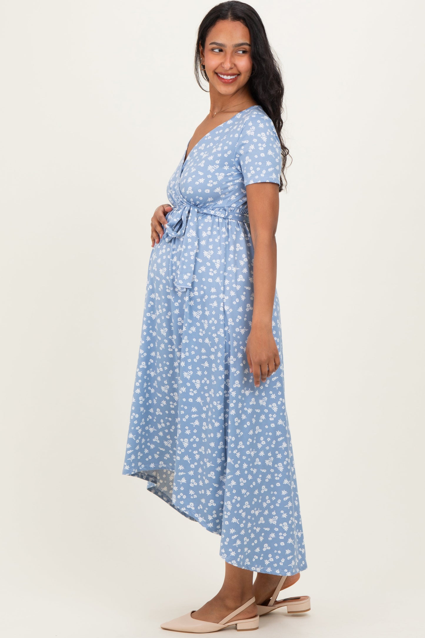 Blue Floral Print Short Sleeve Hi-Low Maternity Wrap Dress
