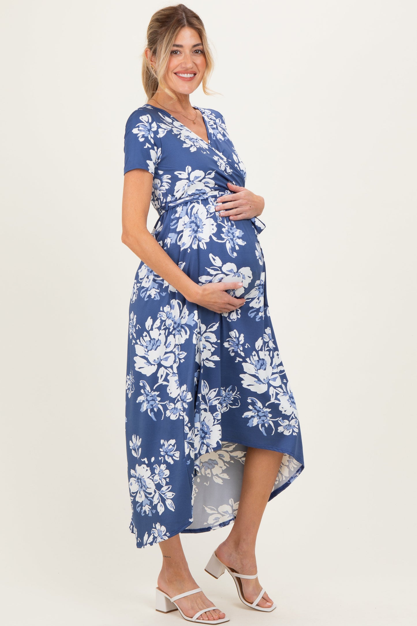Denim Blue Floral Print Short Sleeve Hi-Low Maternity Wrap Dress