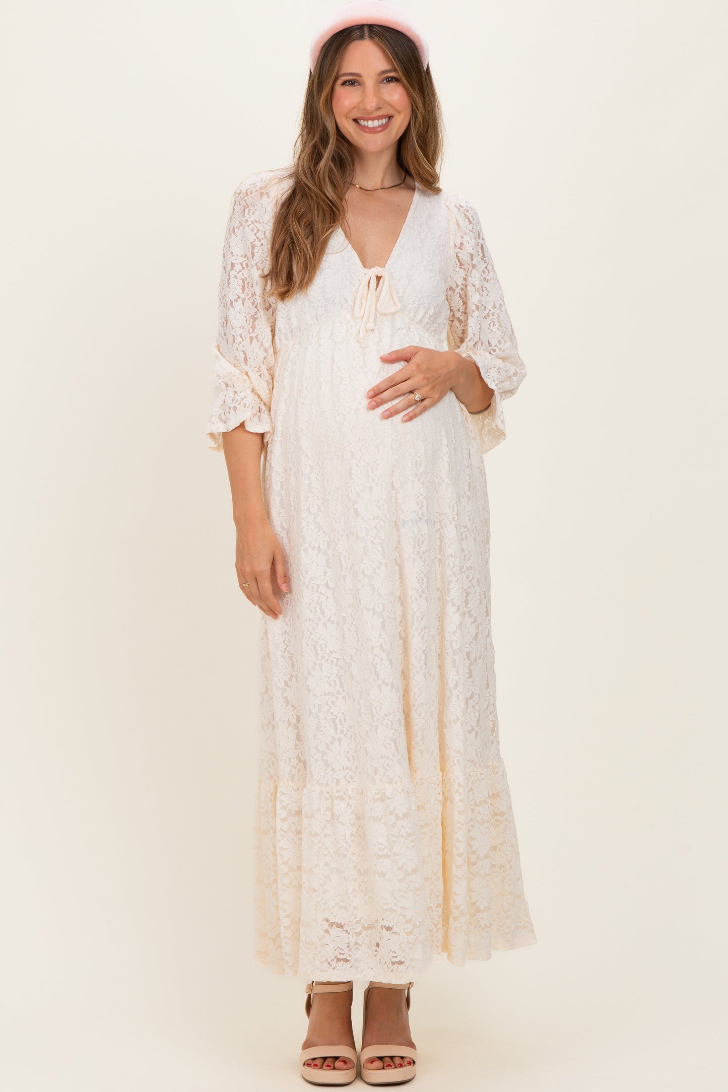 Ivory Floral Lace 3/4 Ruffle Sleeve V-Neck Maternity Maxi Dress
