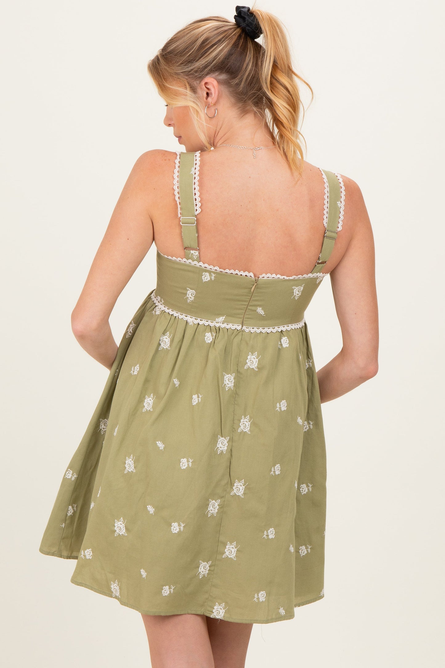 Sage Floral Scallop Trim Maternity Mini Dress
