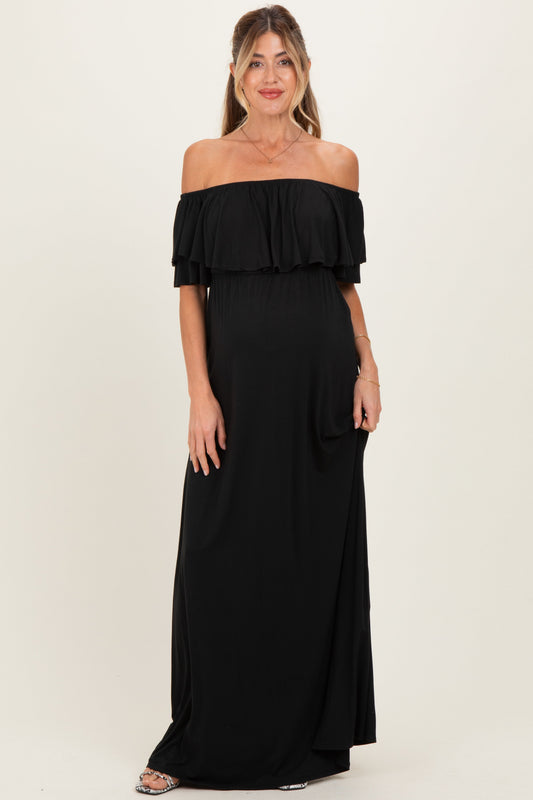 Black Ruffle Off Shoulder Maternity Maxi Dress