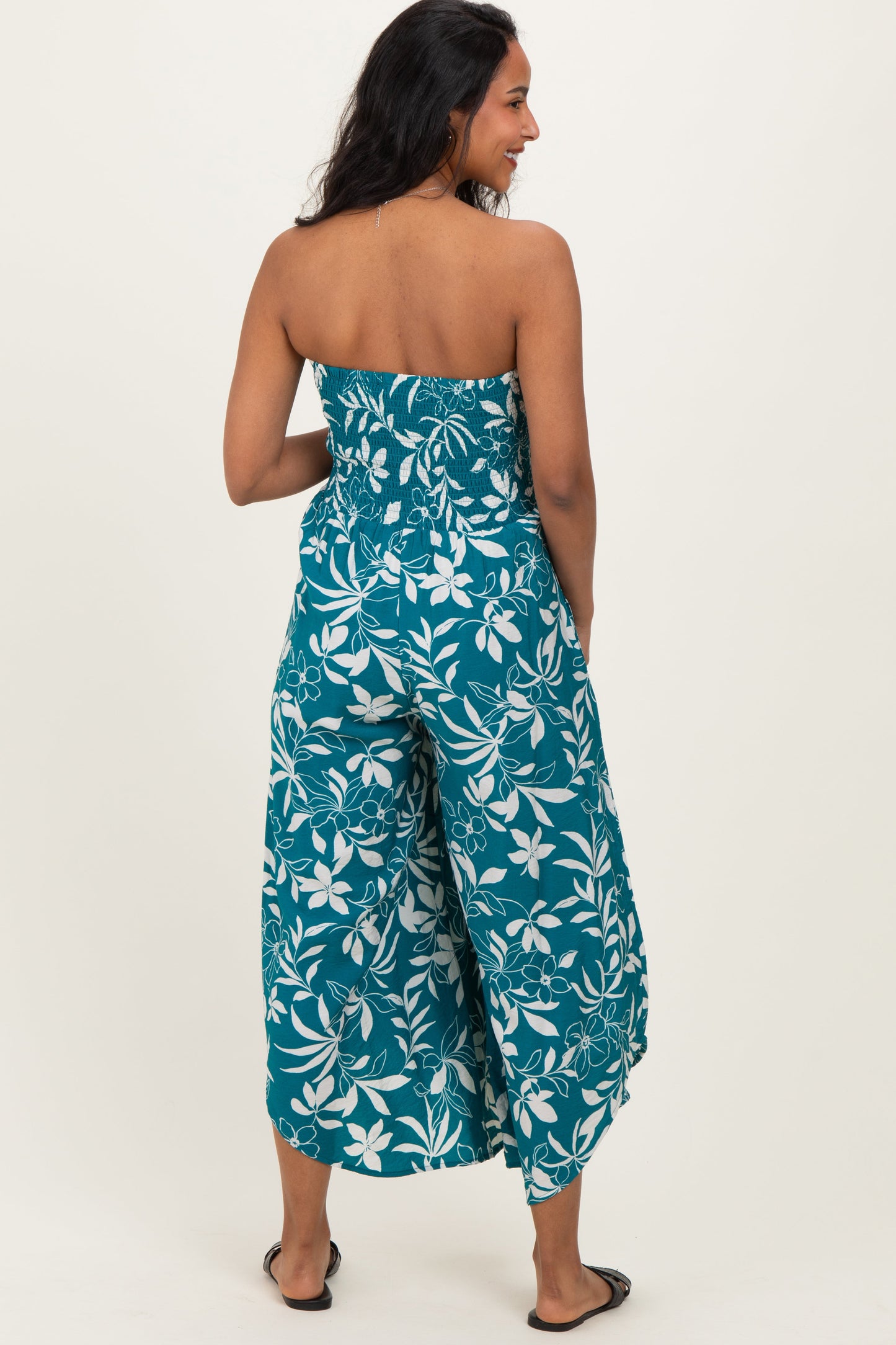Teal Floral Strapless Smocked Tulip Leg Maternity Jumpsuit