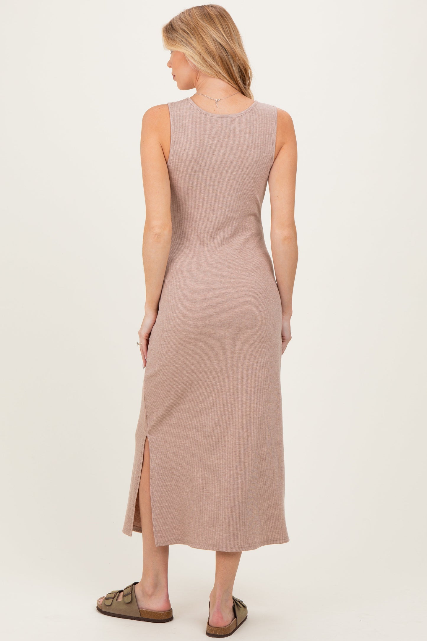 Light Tan Ribbed Knit Maternity Midi Tank Dress