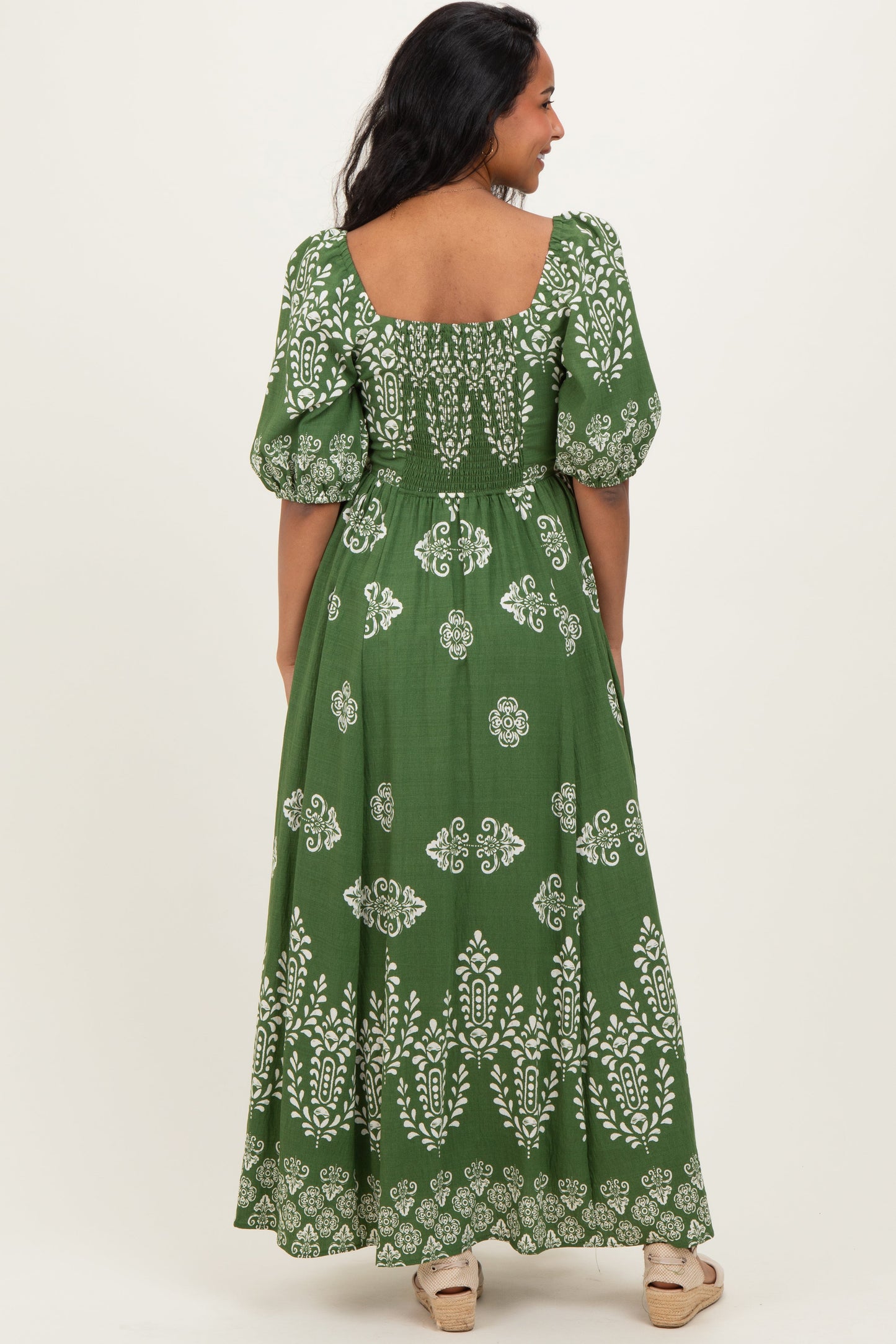 Green Damask Print Short Sleeve Maternity Maxi Dress