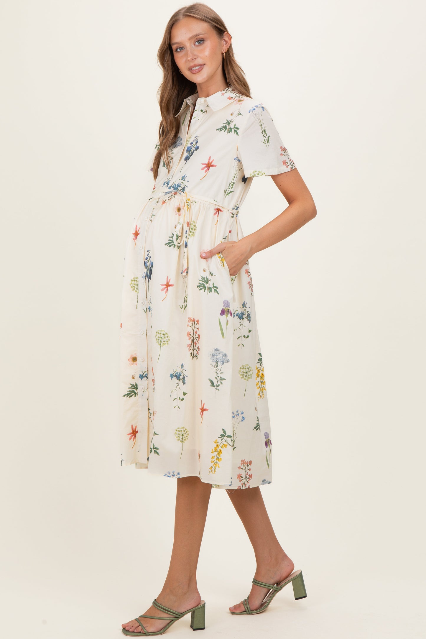 Ivory Floral Button Down Maternity Midi Dress