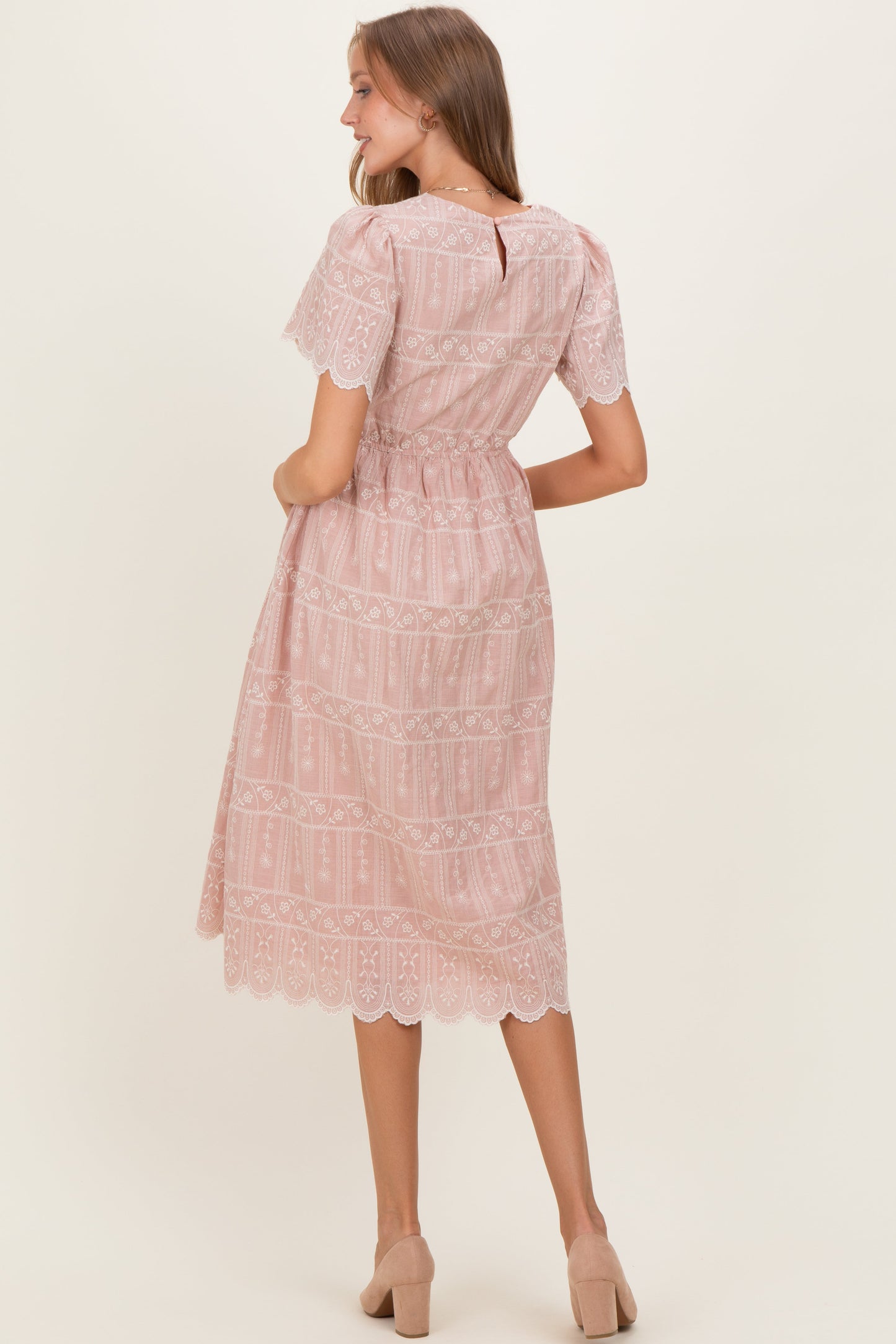 Light Pink Embroidered Floral Maternity Midi Dress