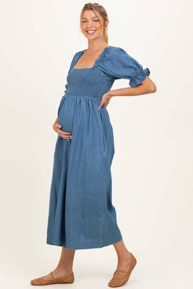 Denim Chambray Puff Sleeve Wide Leg Maternity Jumpsuit