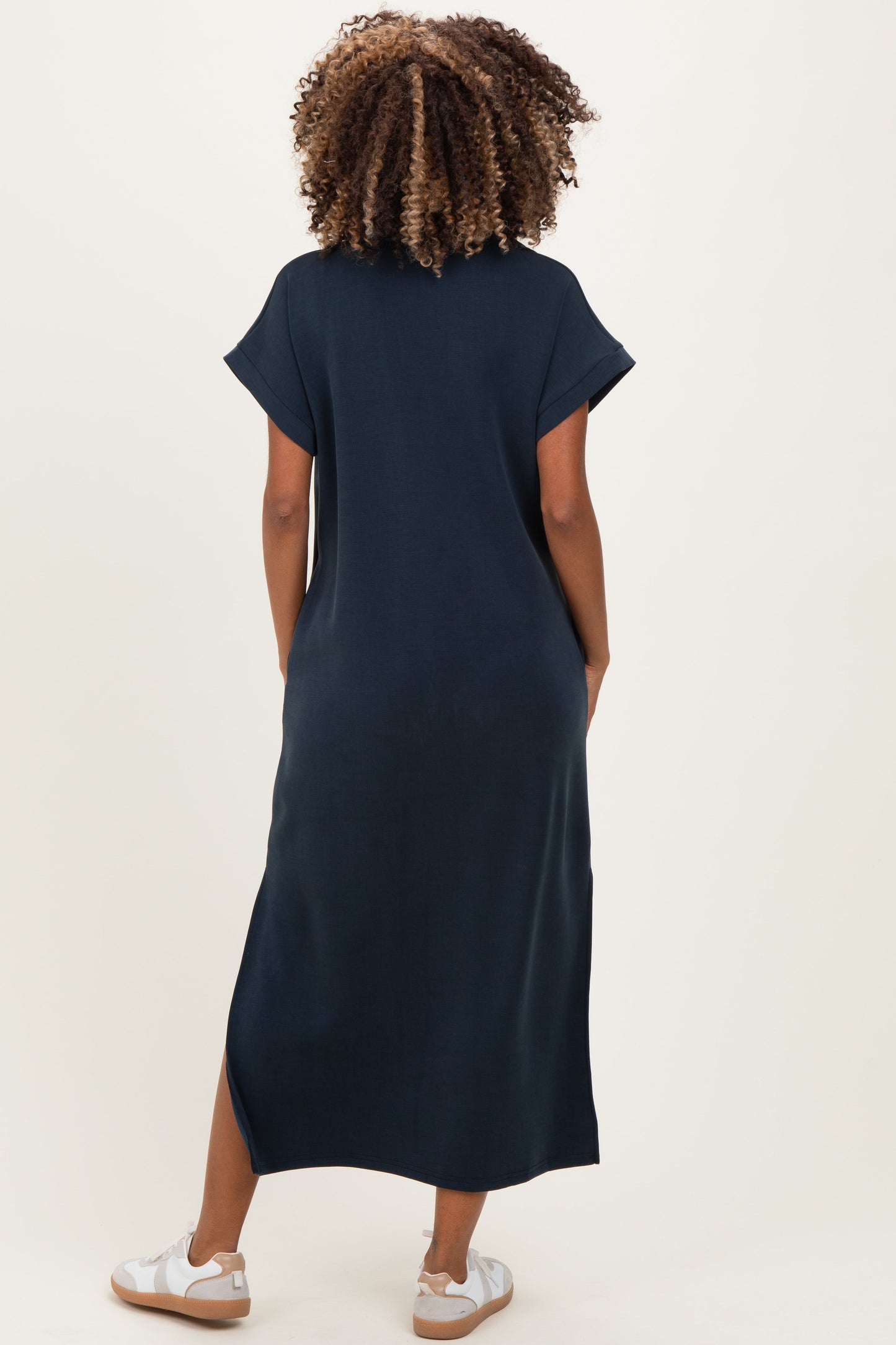 Navy Collared Short Sleeve Maternity Midi Dress