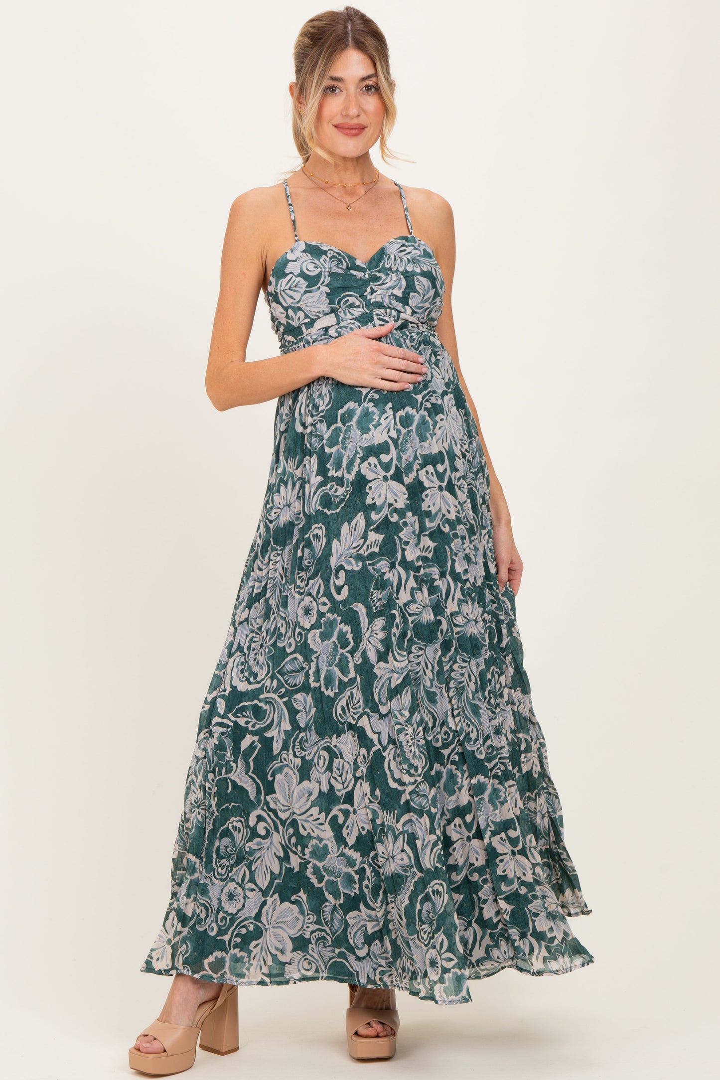 Teal Floral Sleeveless Maternity Maxi Dress